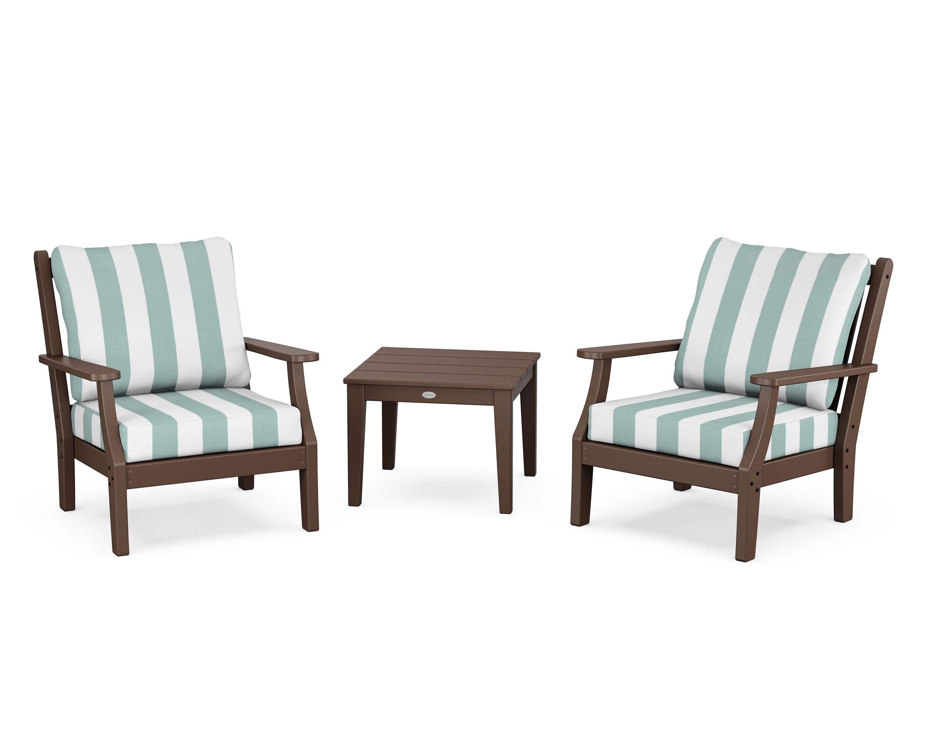 Wovendale 3-Piece Deep Seating Set in Mahogany / Cabana Stripe Glacier Spa