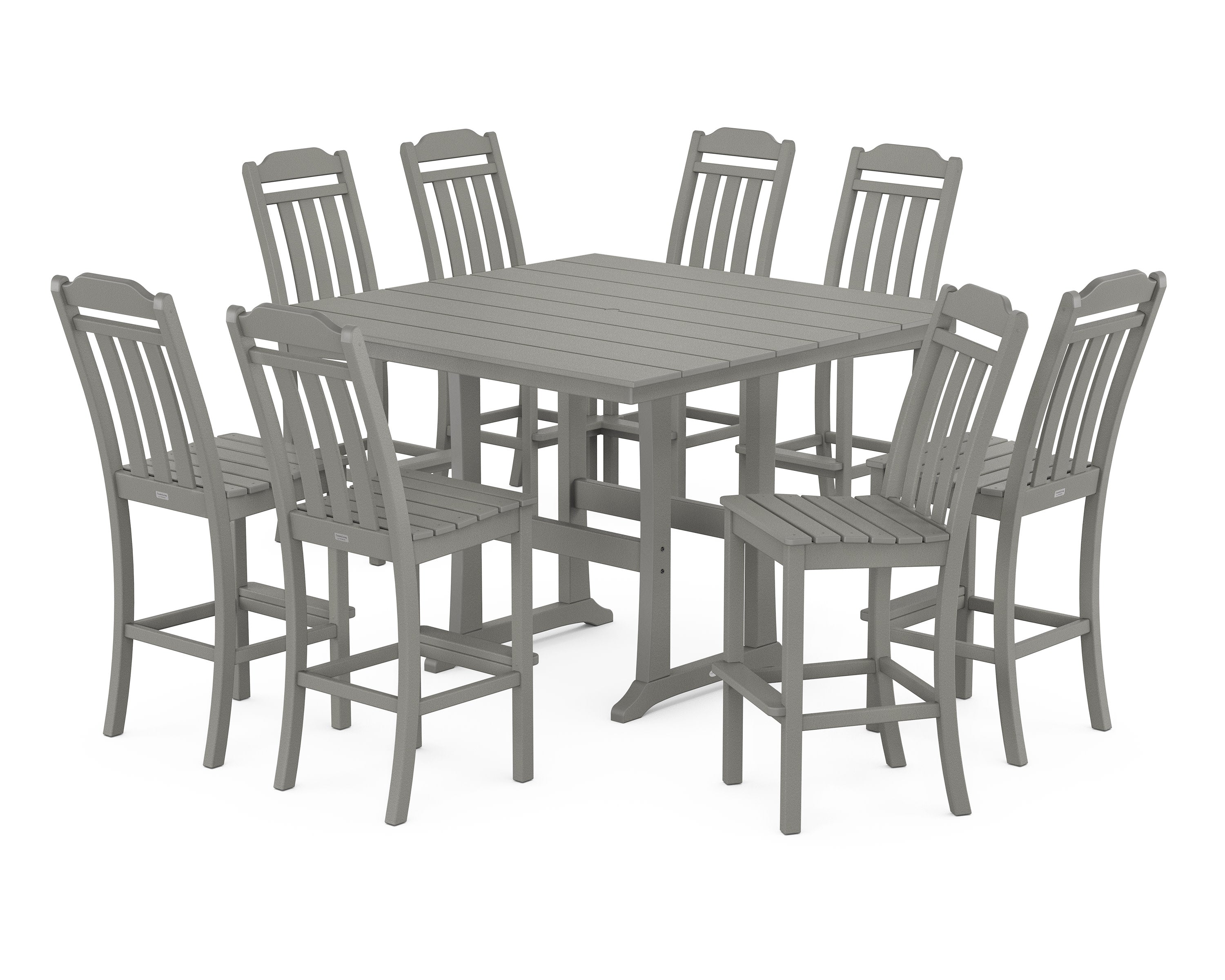 Cottage 9-Piece Square Farmhouse Side Chair Bar Set with Trestle Legs in Slate Grey