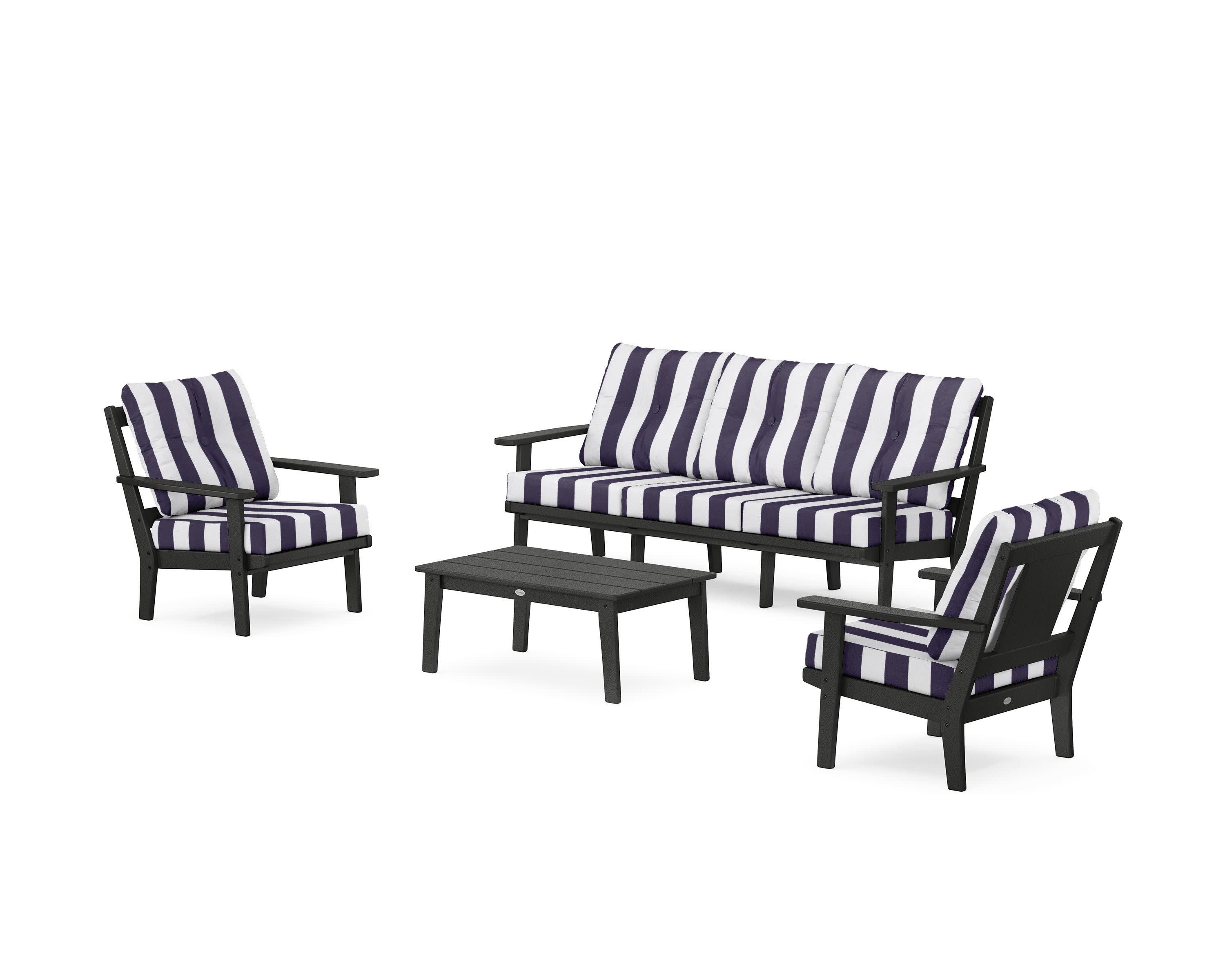 Prairie 4-Piece Deep Seating Set with Sofa in Black / Cabana Stripe Navy