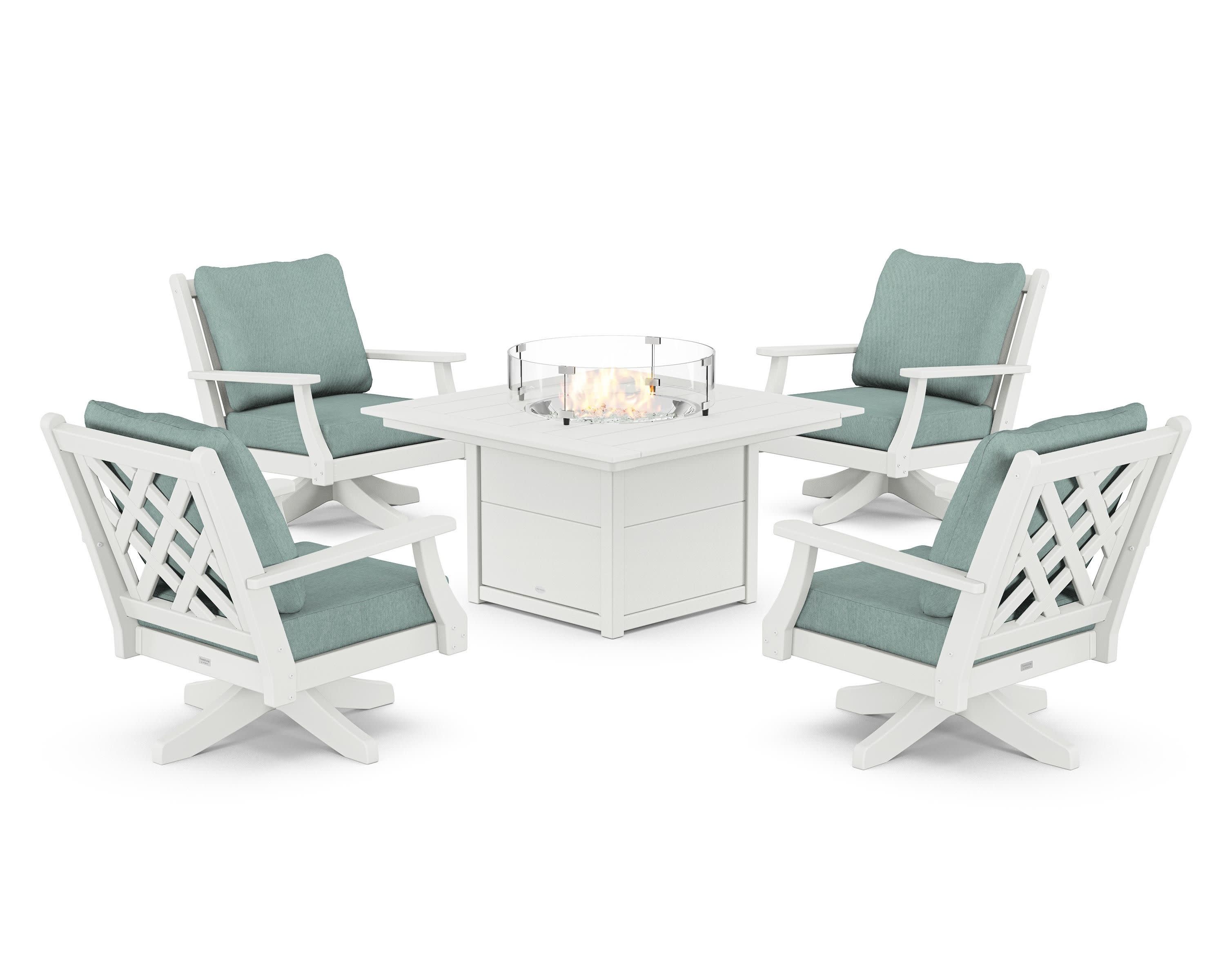 Wovendale 5-Piece Deep Seating Swivel Conversation Set with Fire Pit Table in White / Glacier Spa