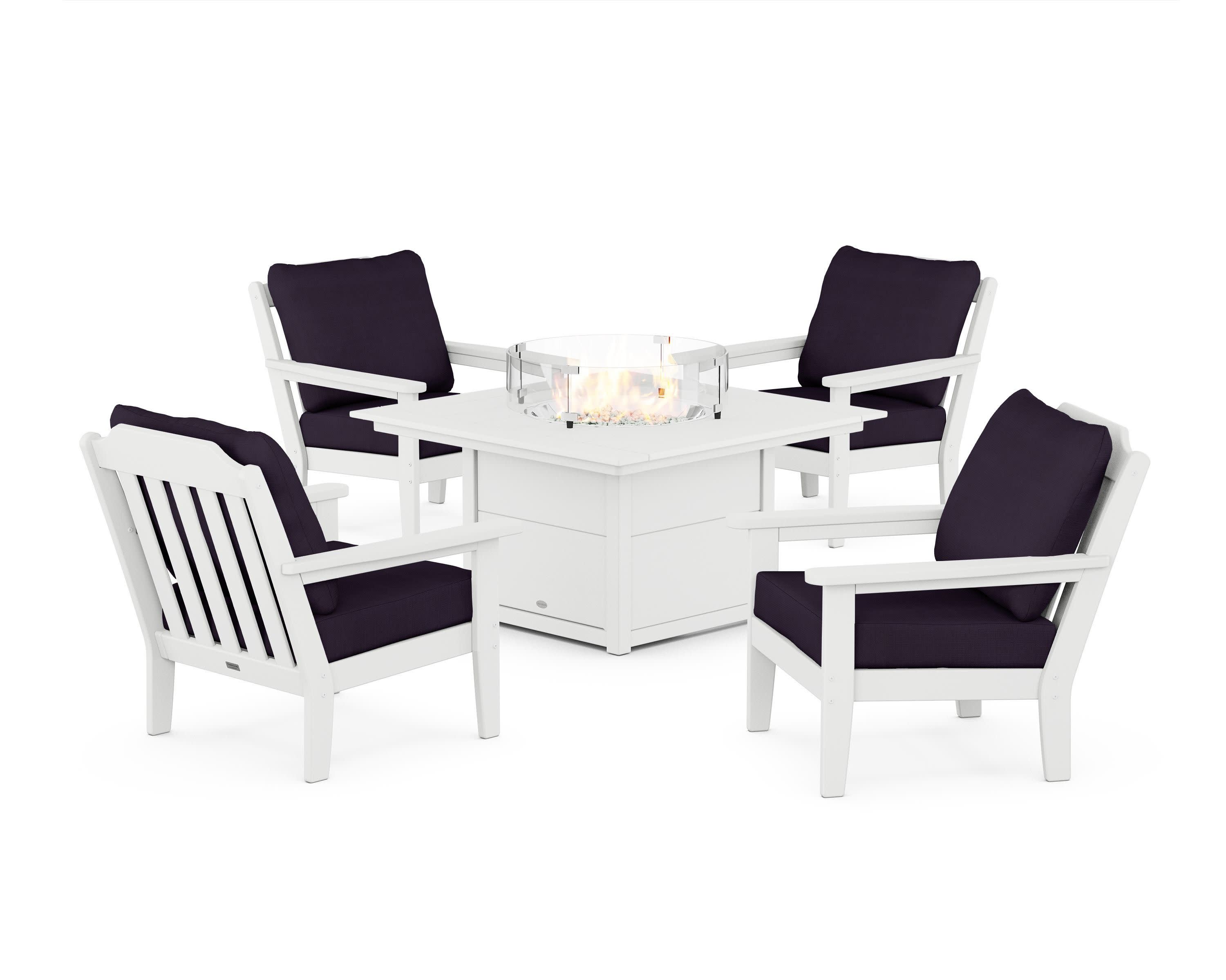 Cottage 5-Piece Deep Seating Set with Fire Pit Table in White / Navy Linen