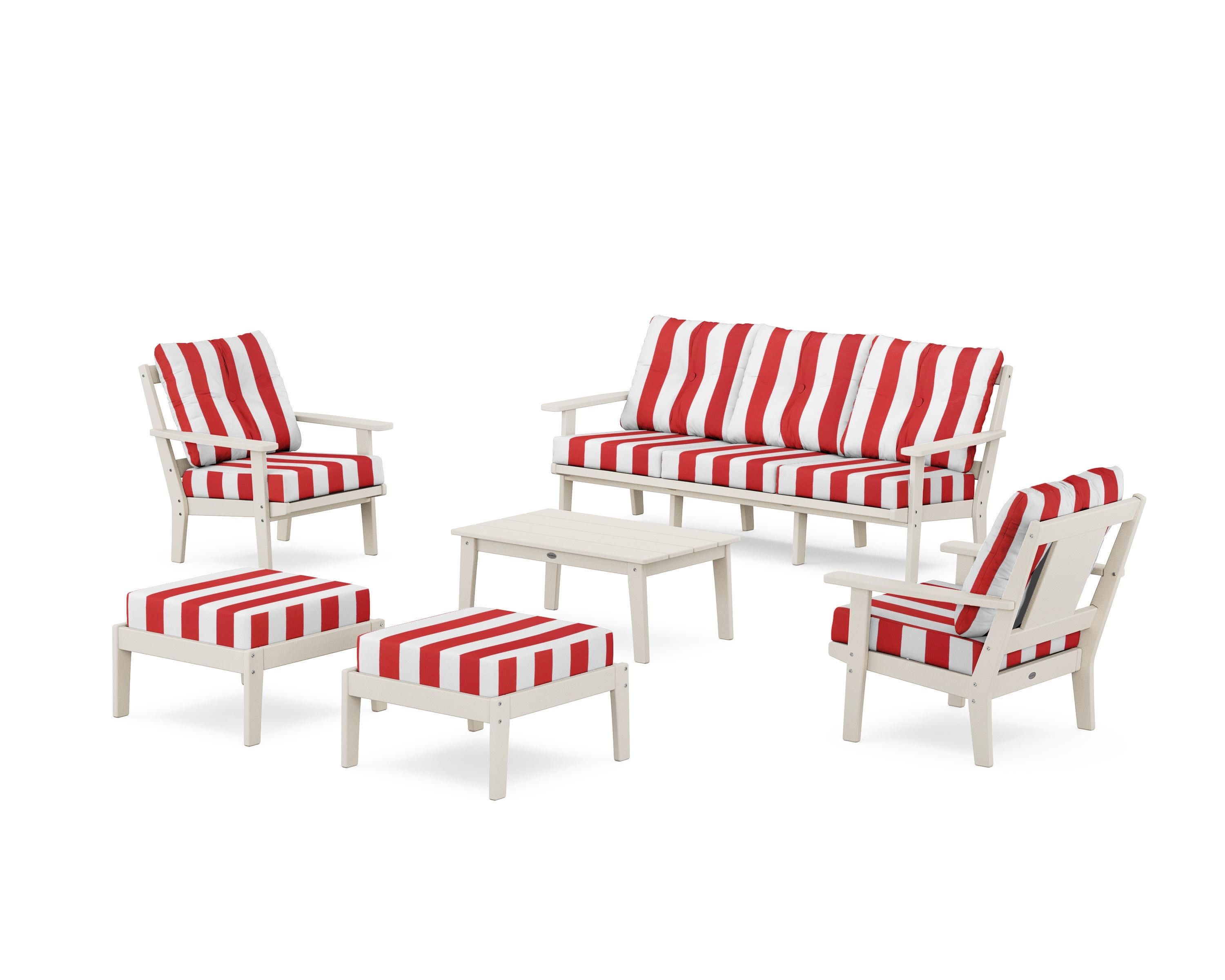 Prairie 6-Piece Lounge Sofa Set in Sand / Cabana Stripe Crimson
