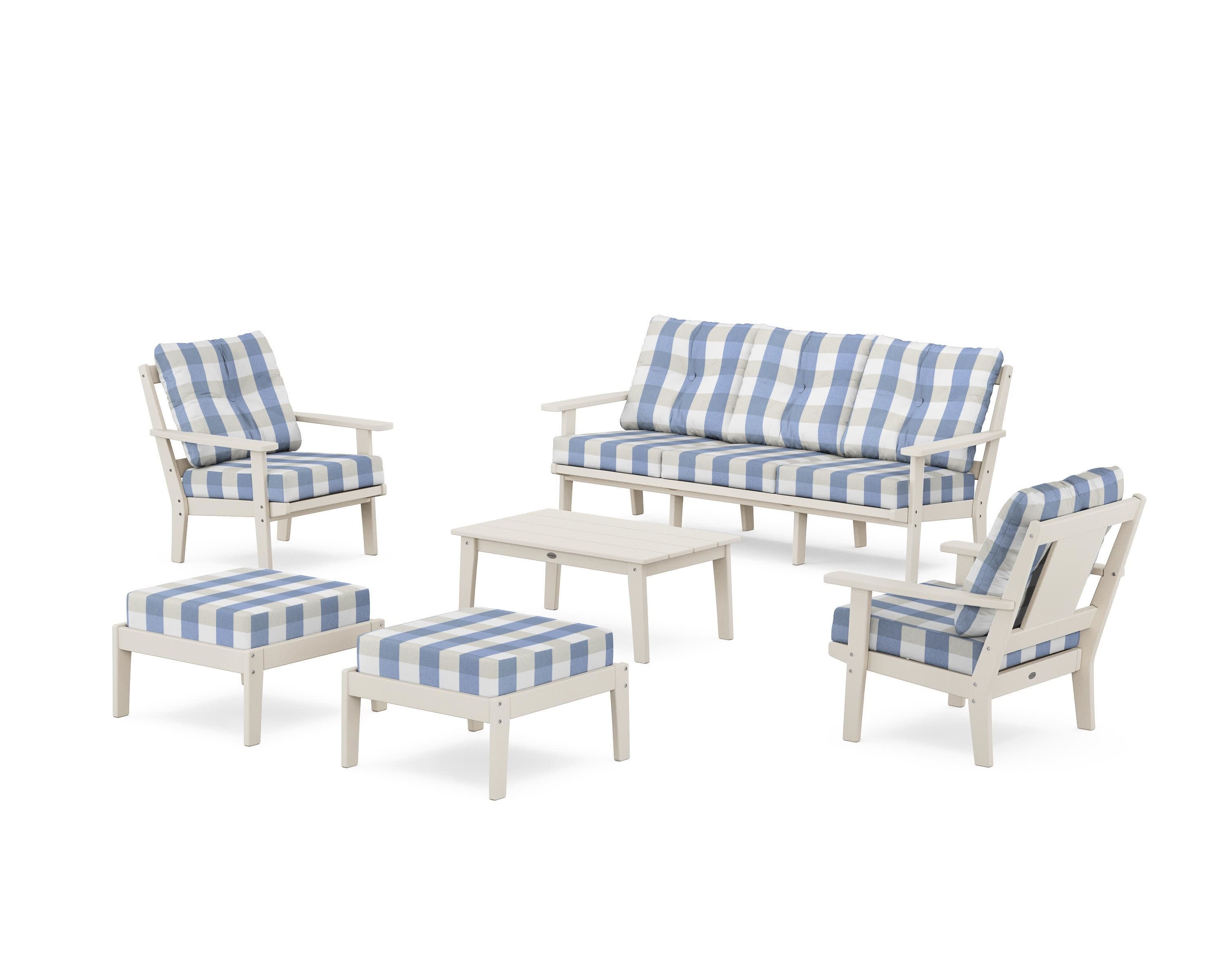 Prairie 6-Piece Lounge Sofa Set in Sand / Buffalo Plaid Sky Blue