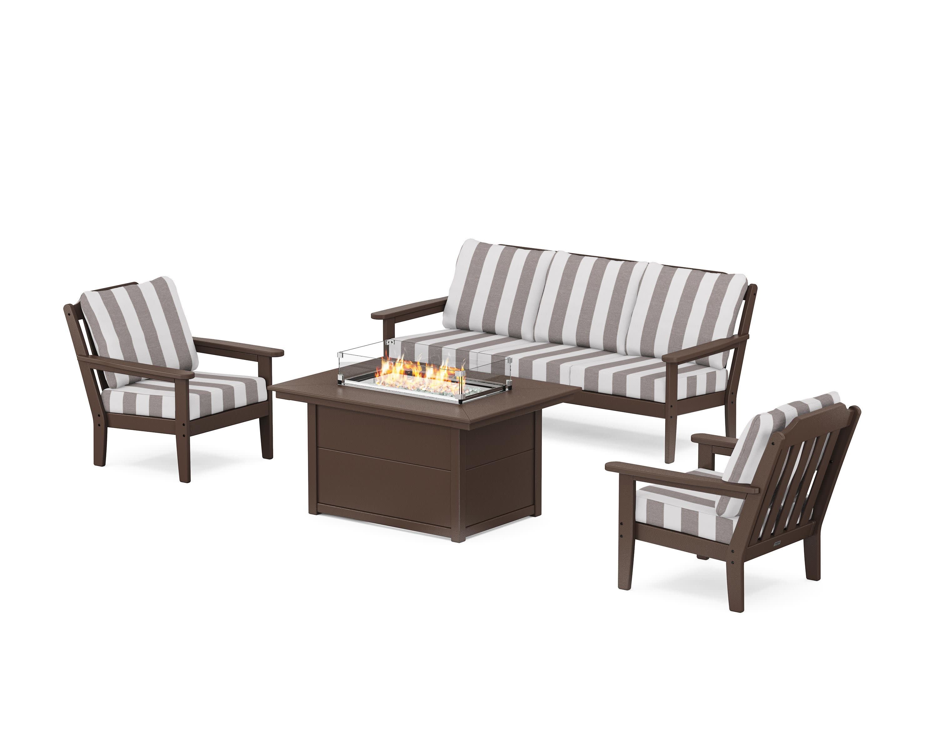 Cottage Deep Seating Fire Pit Table Set in Mahogany / Cabana Stripe Grey Mist