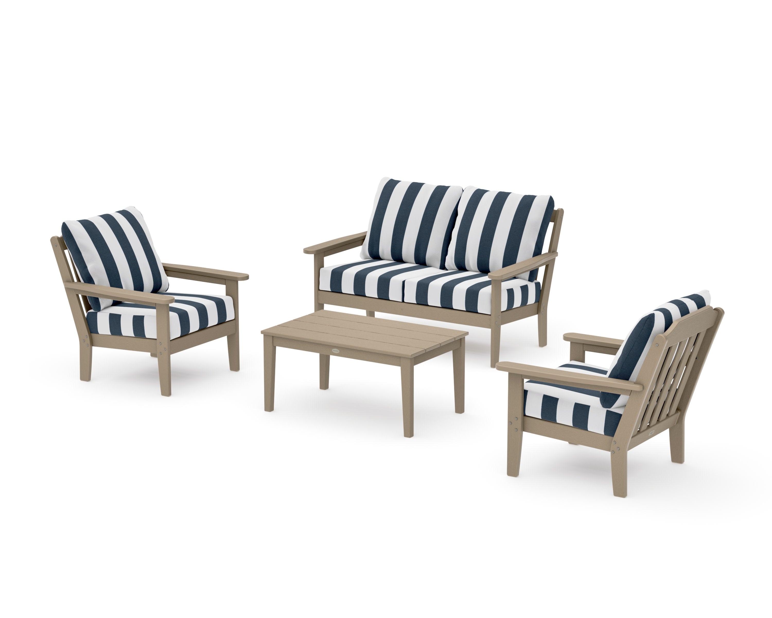 Cottage 4-Piece Deep Seating Set with Loveseat in Vintage Sahara / Cabana Stripe Marine Indigo