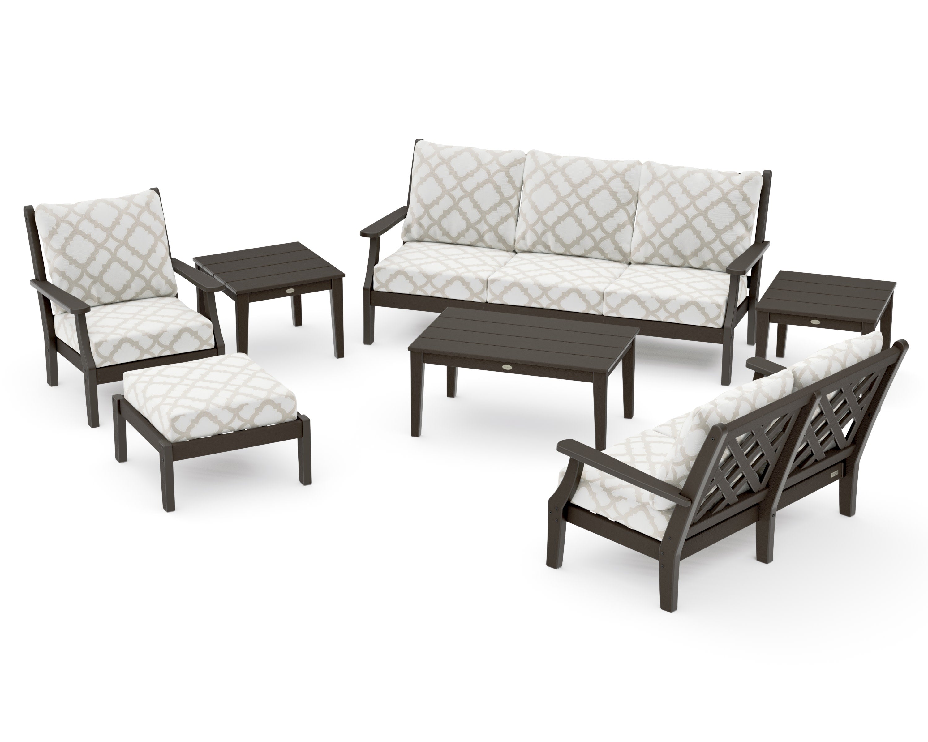 Wovendale 7-Piece Deep Seating Set in Vintage Coffee / Trellis Dune Burlap