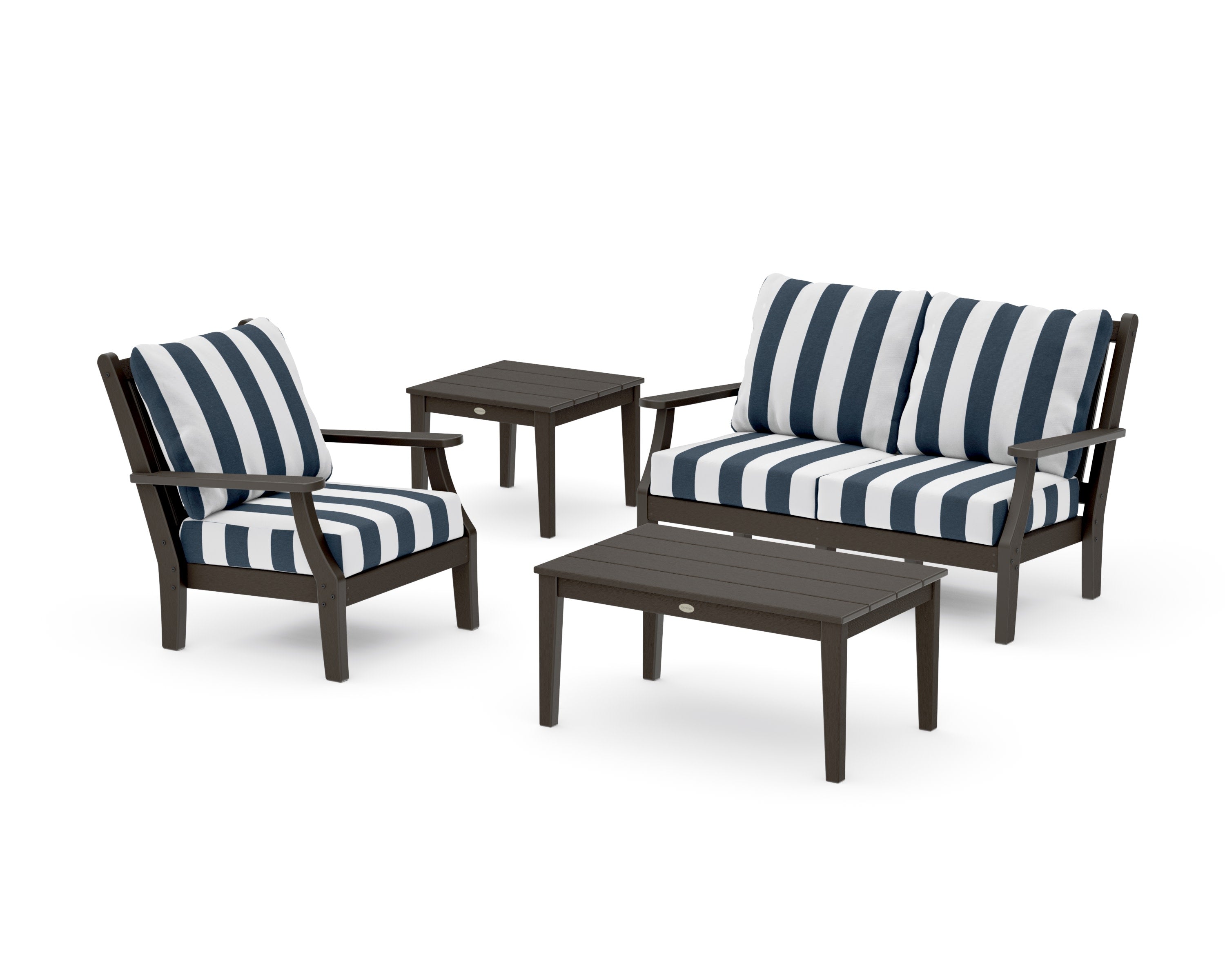 Wovendale 4-Piece Deep Seating Set in Vintage Coffee / Cabana Stripe Marine Indigo