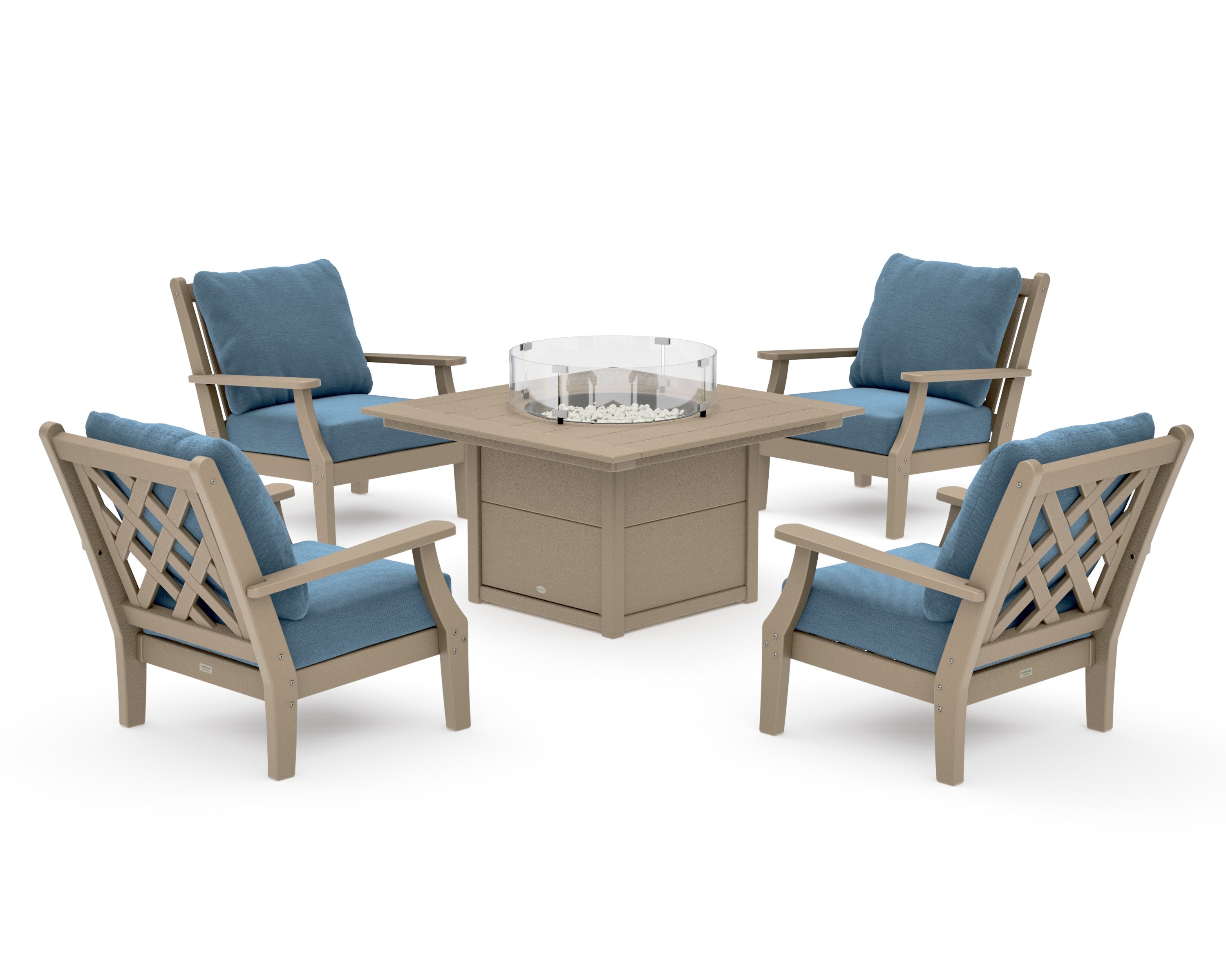 Wovendale 5-Piece Deep Seating Set with Fire Pit Table in Vintage Sahara / Sky Blue