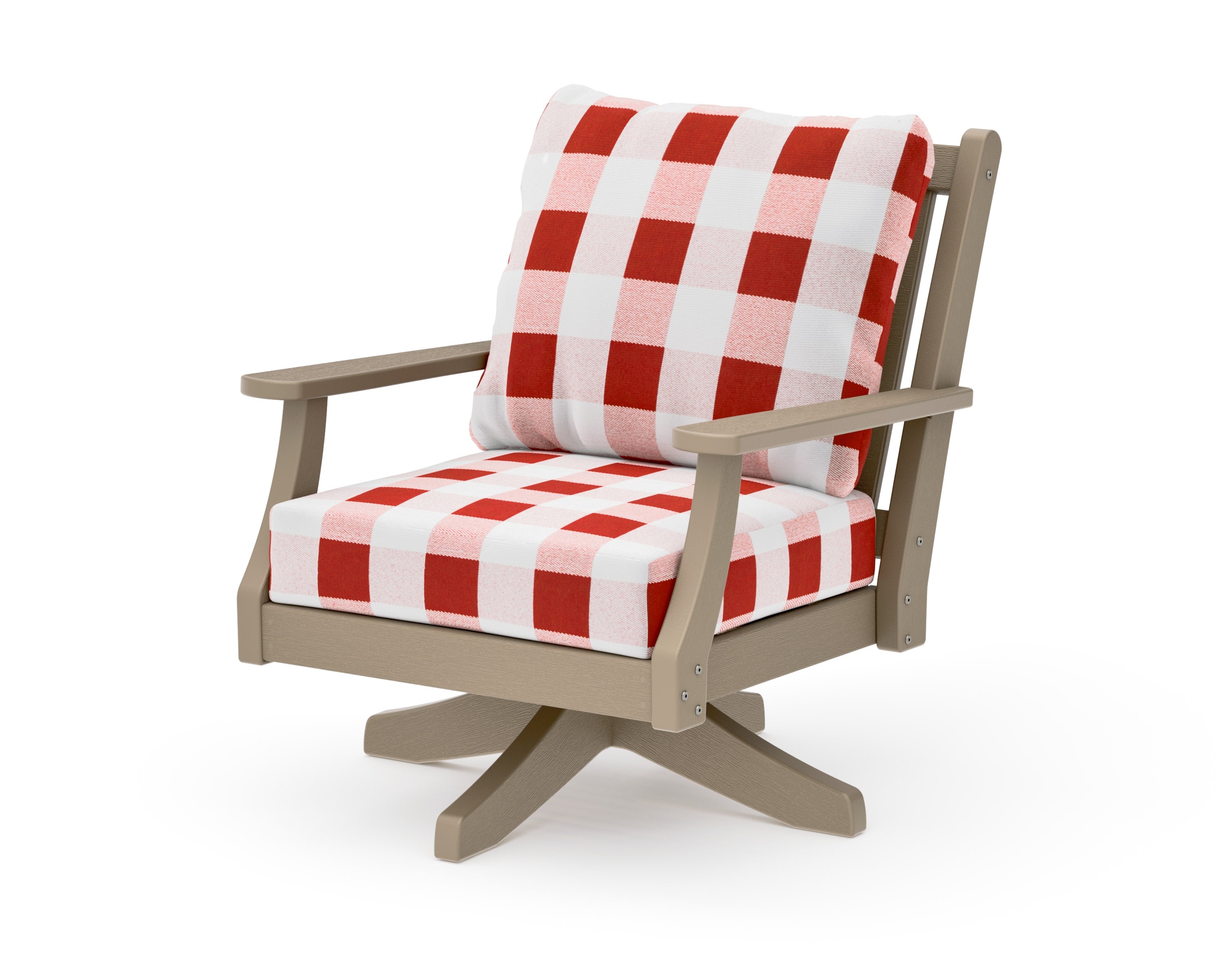 Wovendale Deep Seating Swivel Chair in Vintage Sahara / Buffalo Plaid Crimson