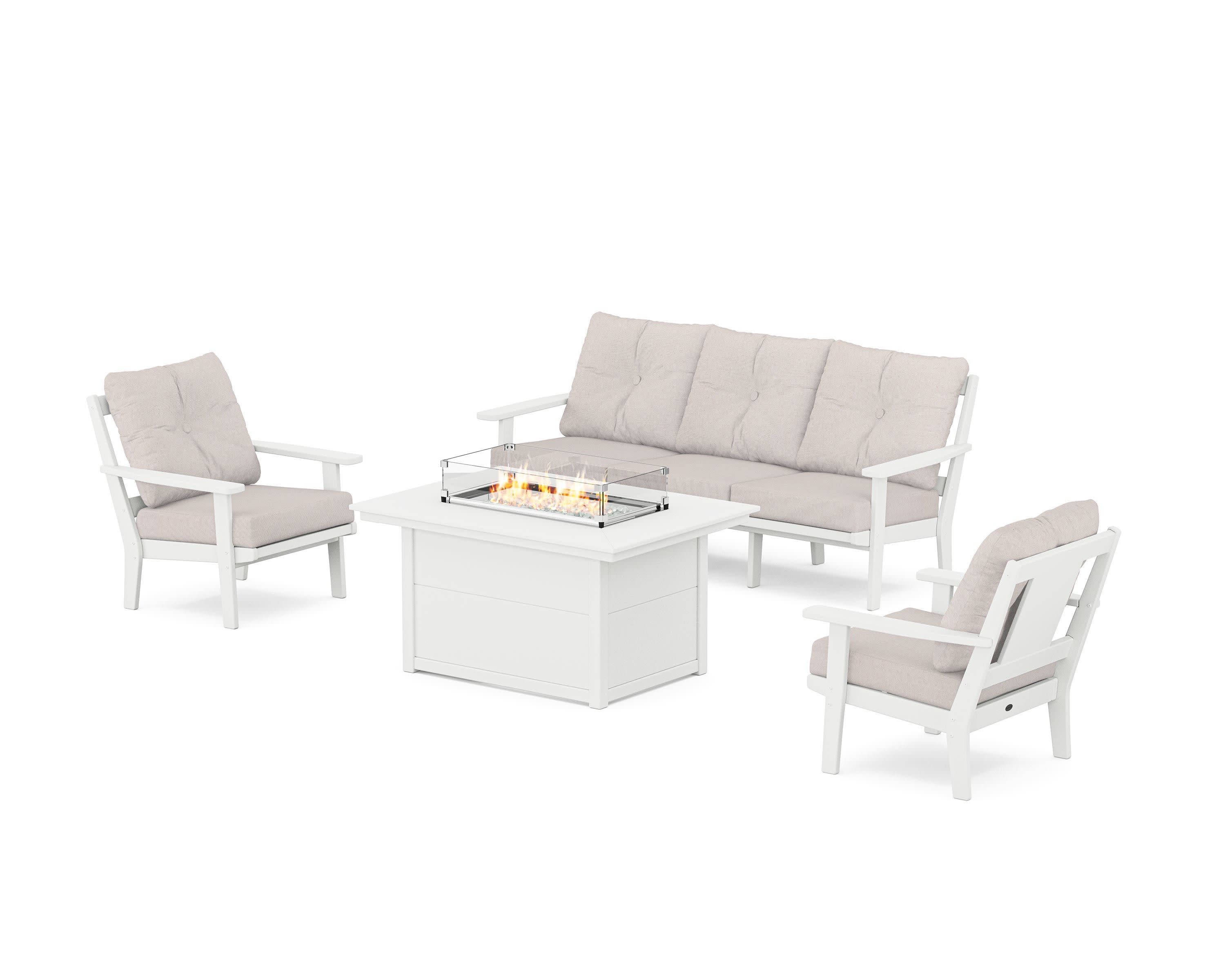 Prairie Deep Seating Fire Pit Table Set in White / Dune Burlap