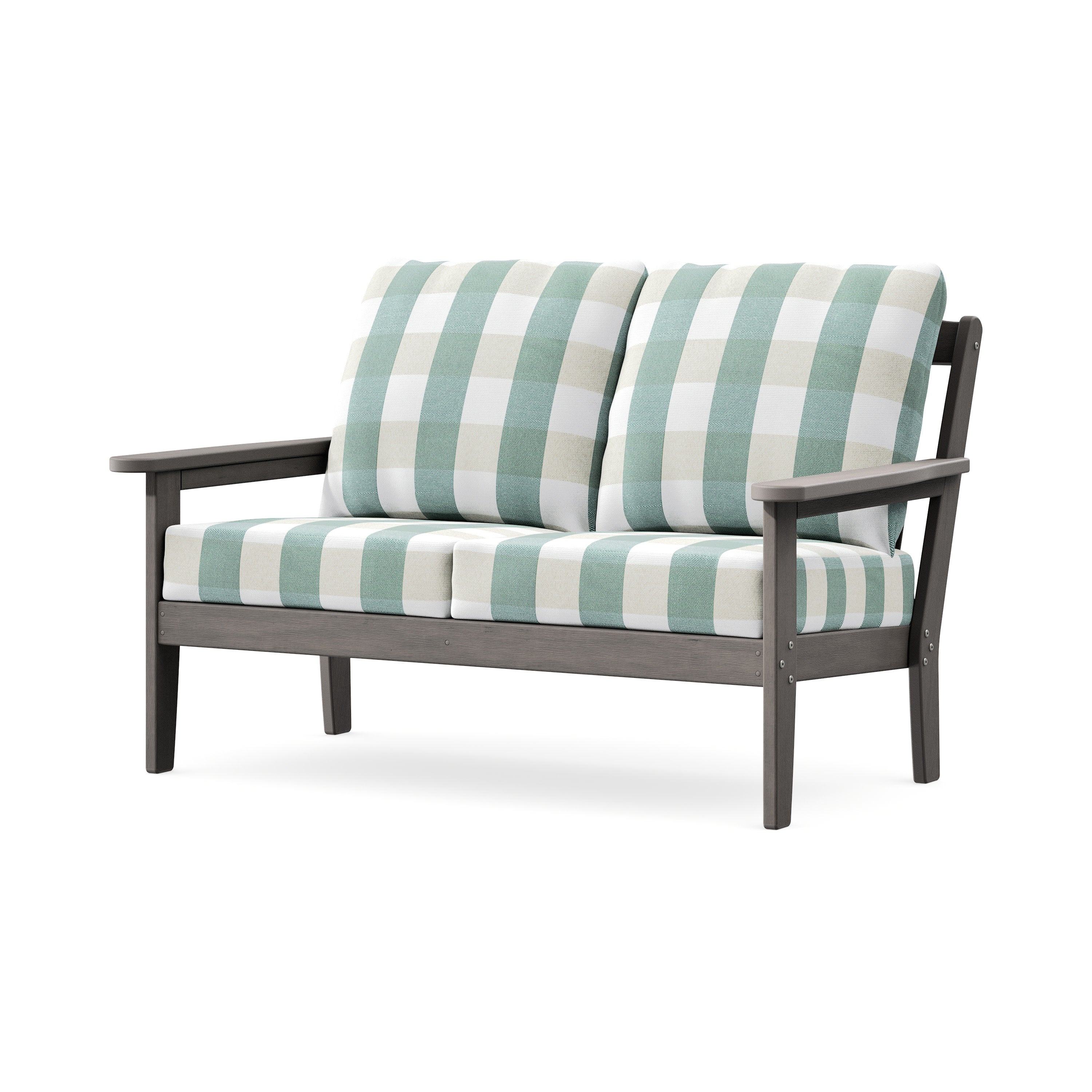 Cottage Deep Seating Loveseat in Driftwood / Buffalo Plaid Glacier Spa