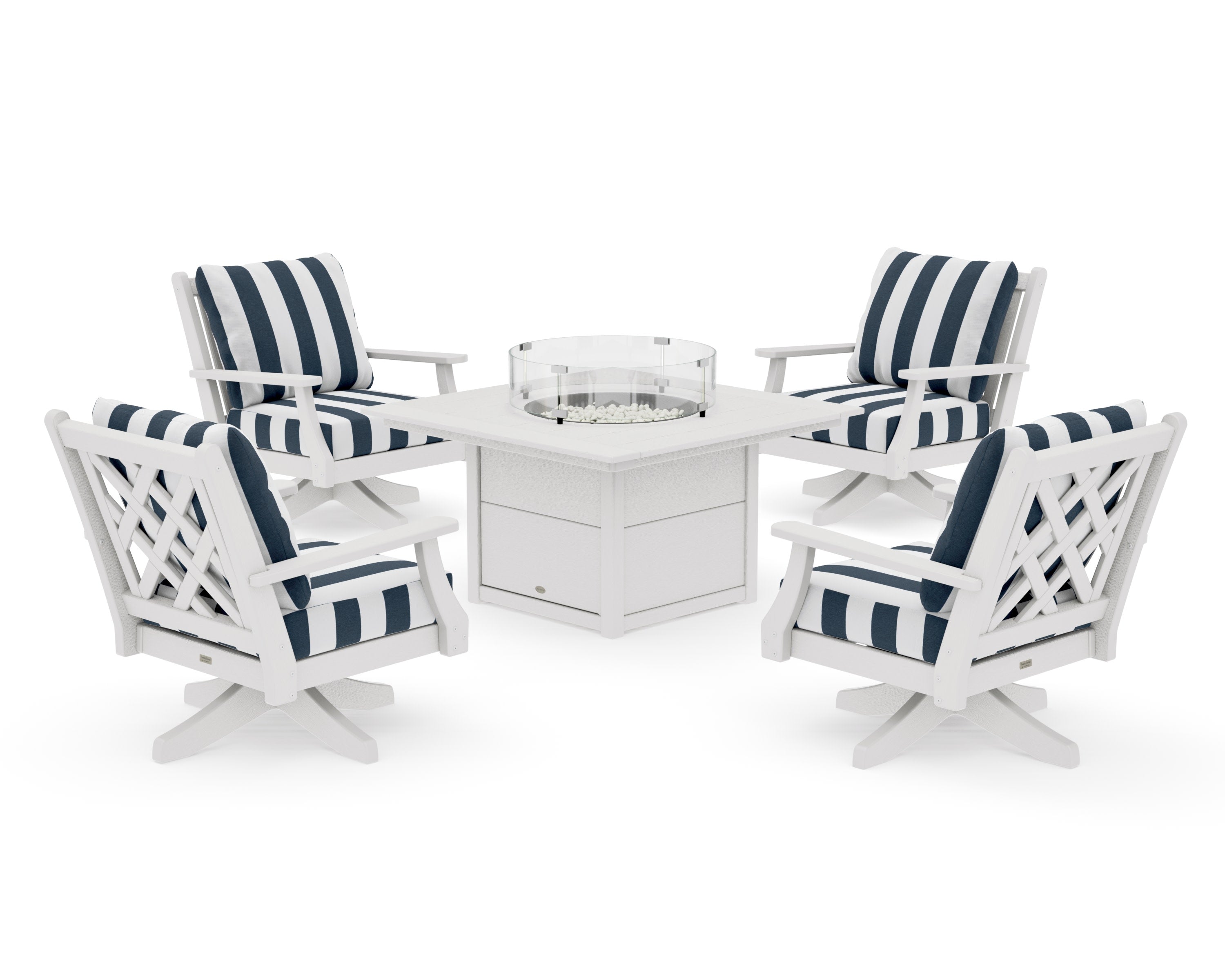Wovendale 5-Piece Deep Seating Swivel Conversation Set with Fire Pit Table in Vintage White / Cabana Stripe Marine Indigo
