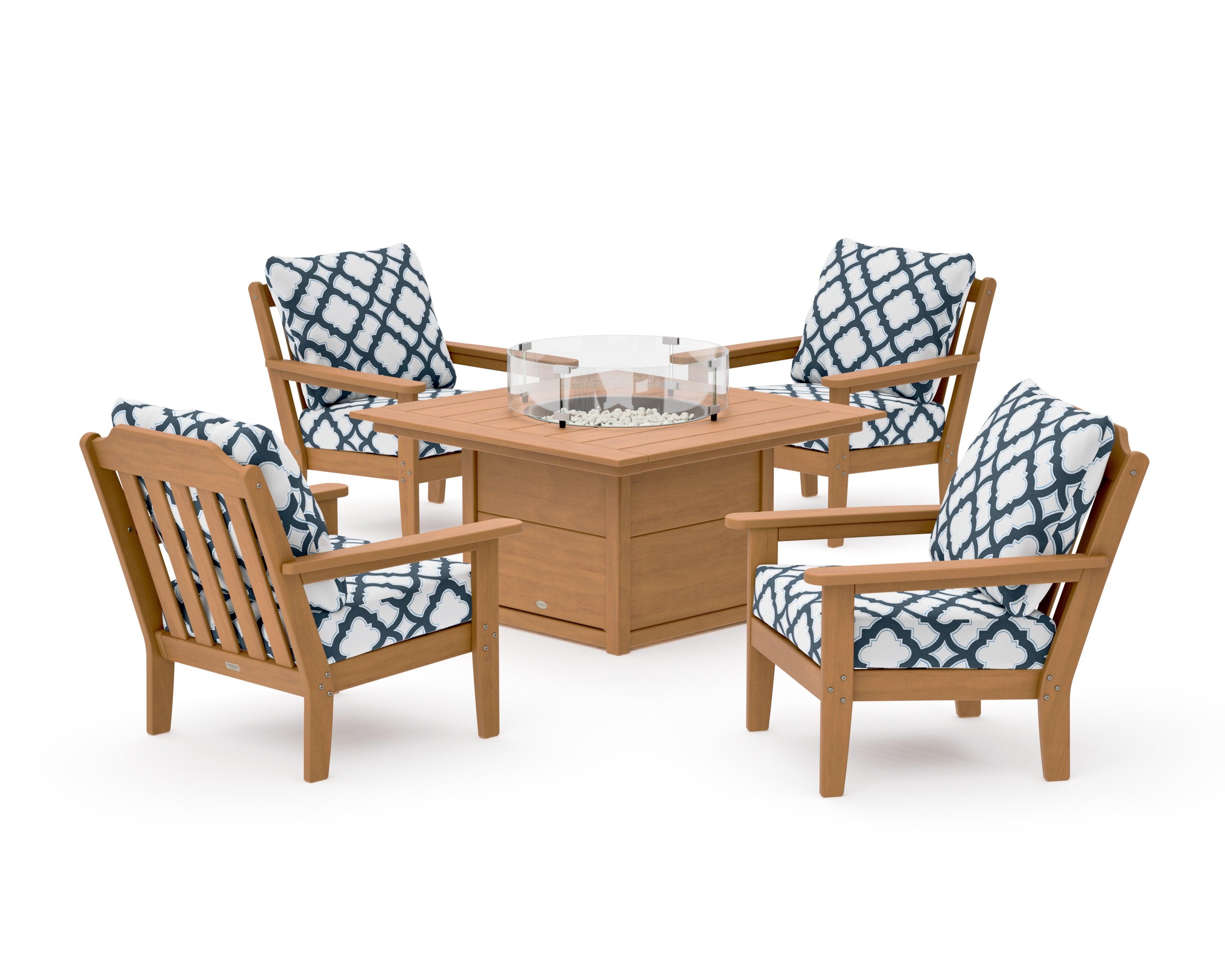 Cottage 5-Piece Deep Seating Set with Fire Pit Table in Natural / Trellis Marine Indigo