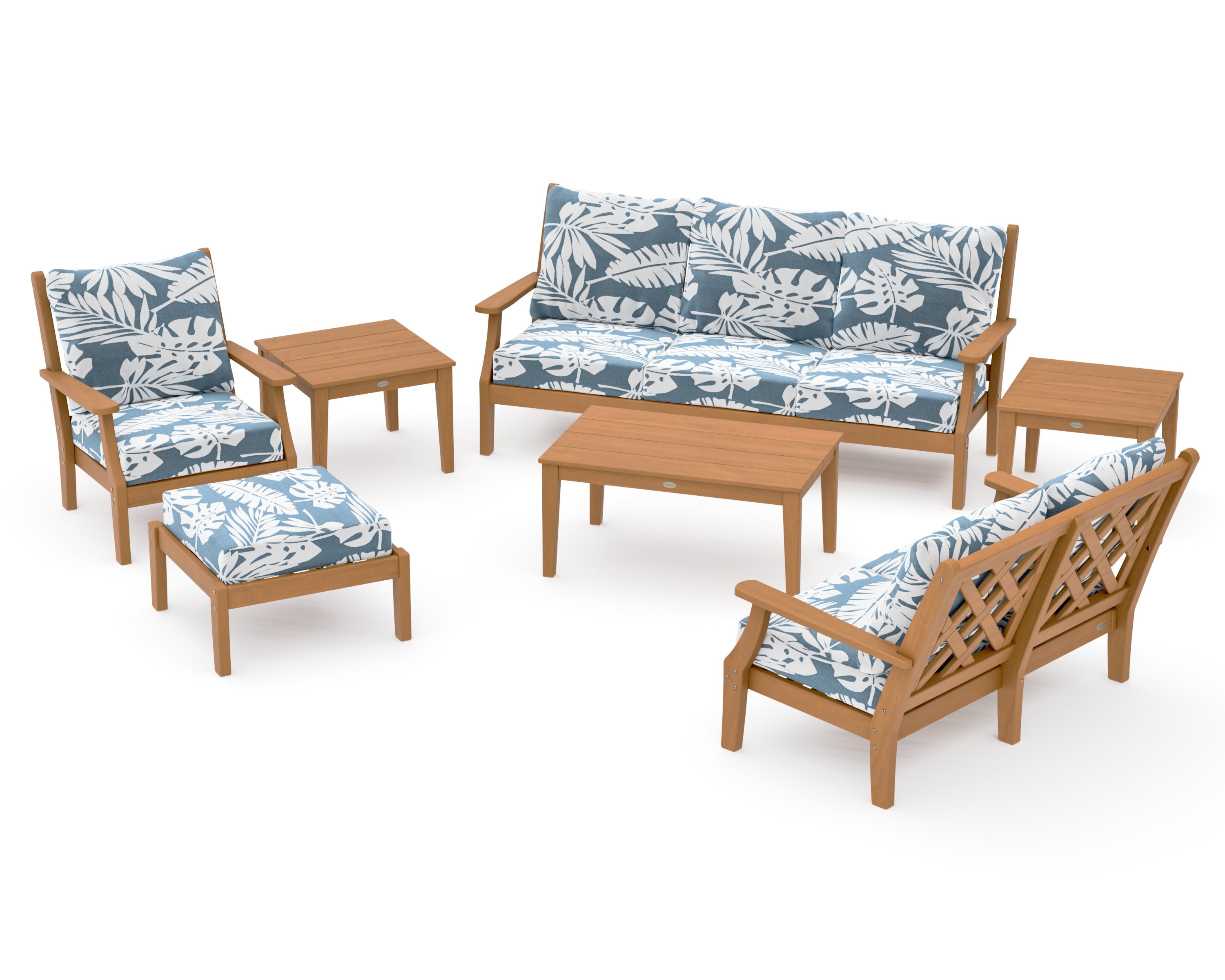 Wovendale 7-Piece Deep Seating Set in Natural / Leaf Sky Blue