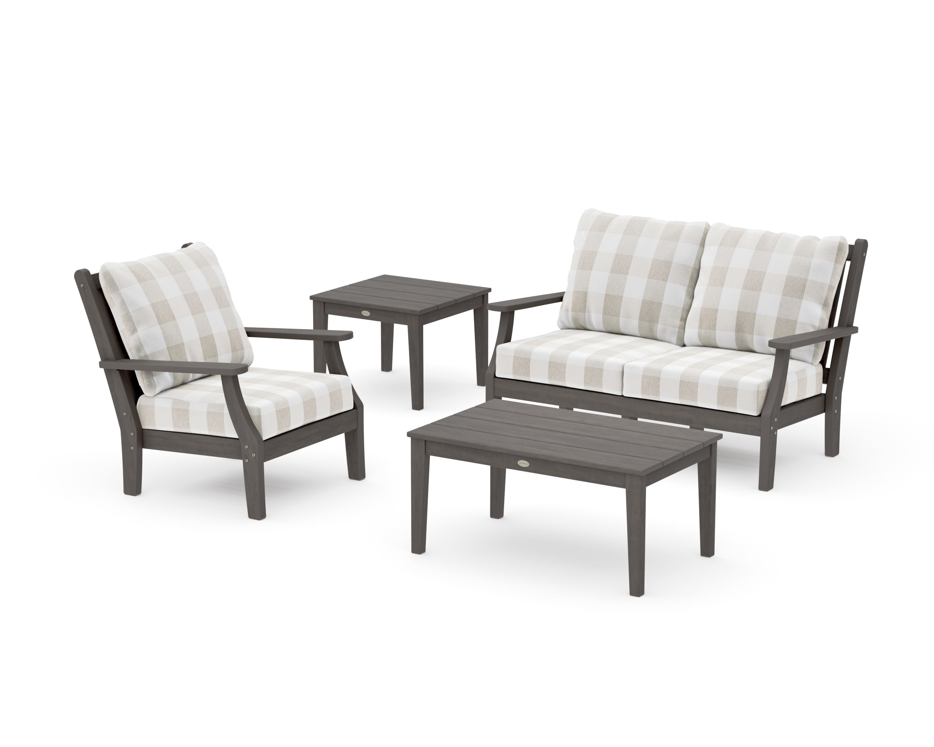 Wovendale 4-Piece Deep Seating Set in Driftwood / Buffalo Plaid Dune Burlap