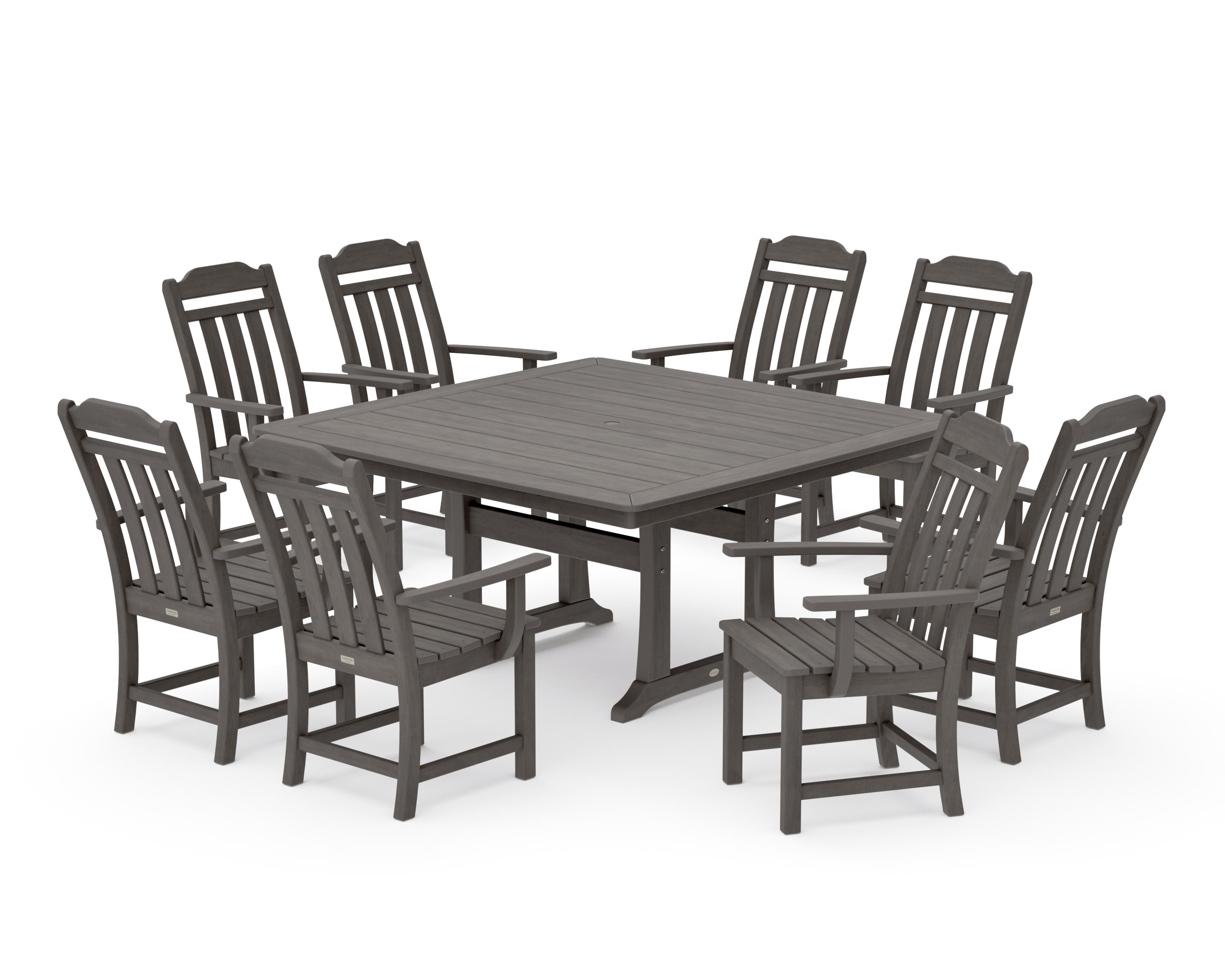 Cottage 9-Piece Square Dining Set with Trestle Legs in Driftwood