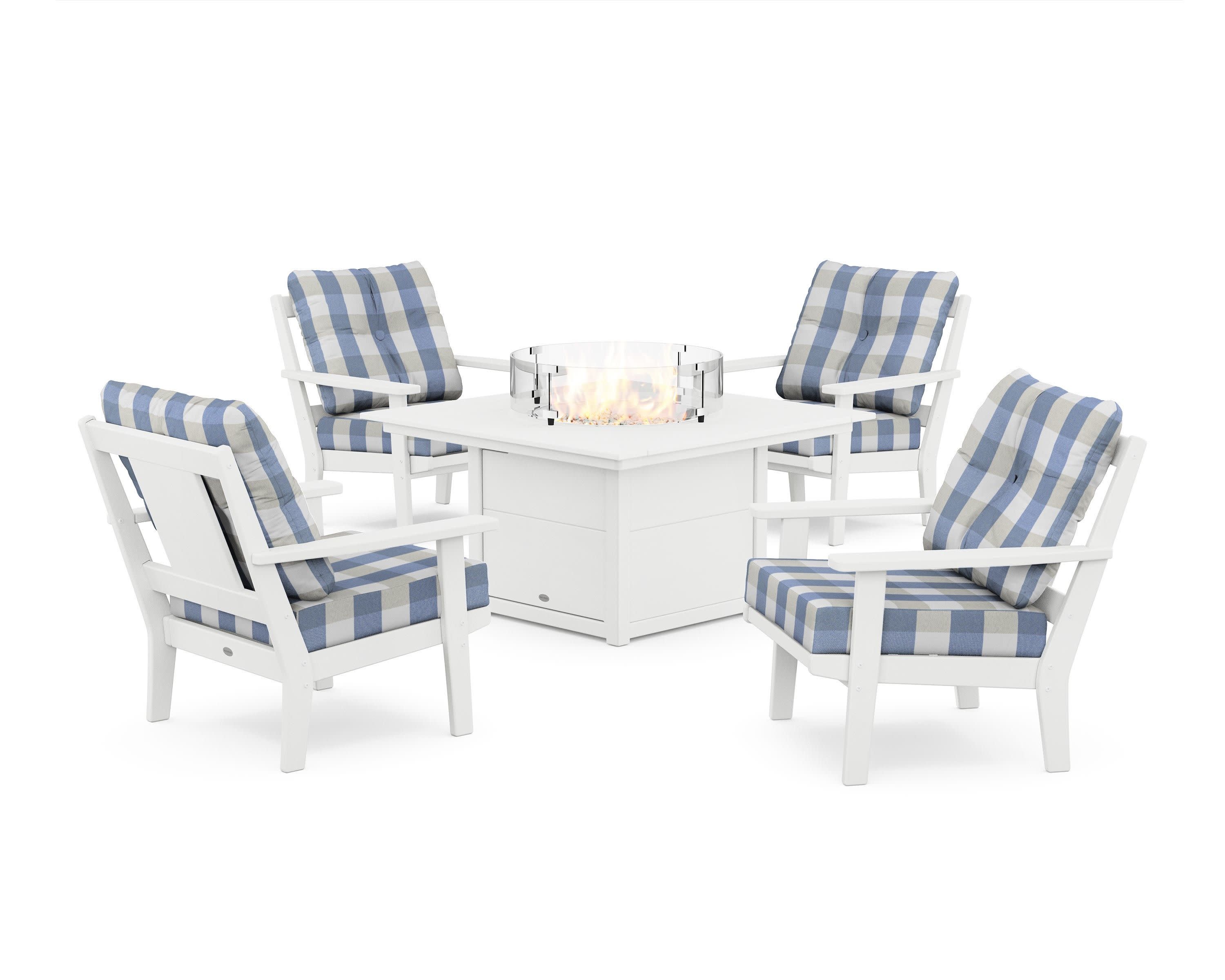 Prairie 5-Piece Deep Seating Set with Fire Pit Table in White / Buffalo Plaid Sky Blue