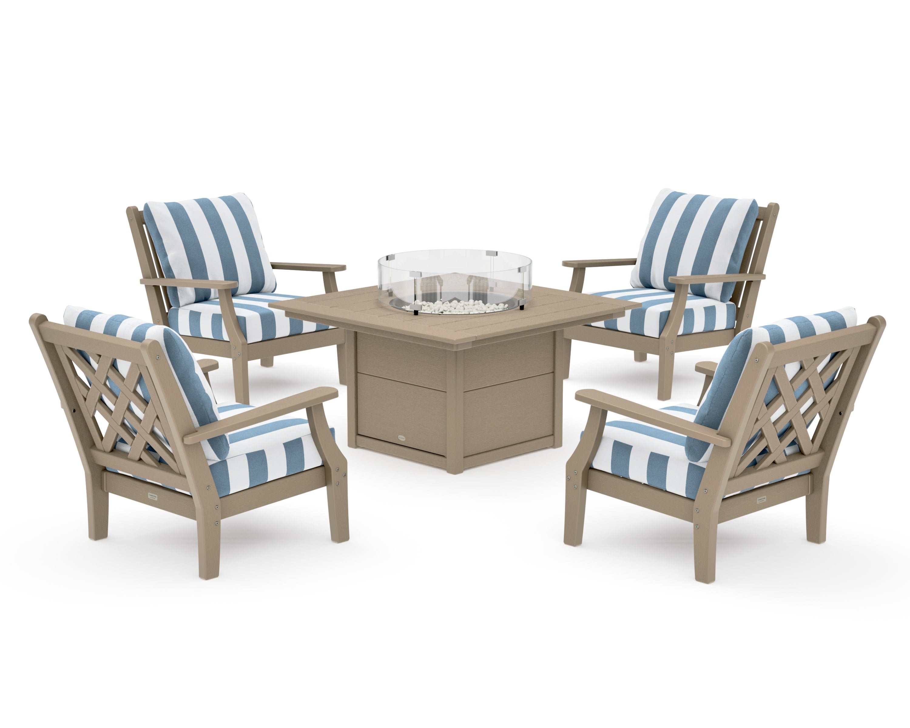 Wovendale 5-Piece Deep Seating Set with Fire Pit Table in Vintage Sahara / Cabana Stripe Sky Blue