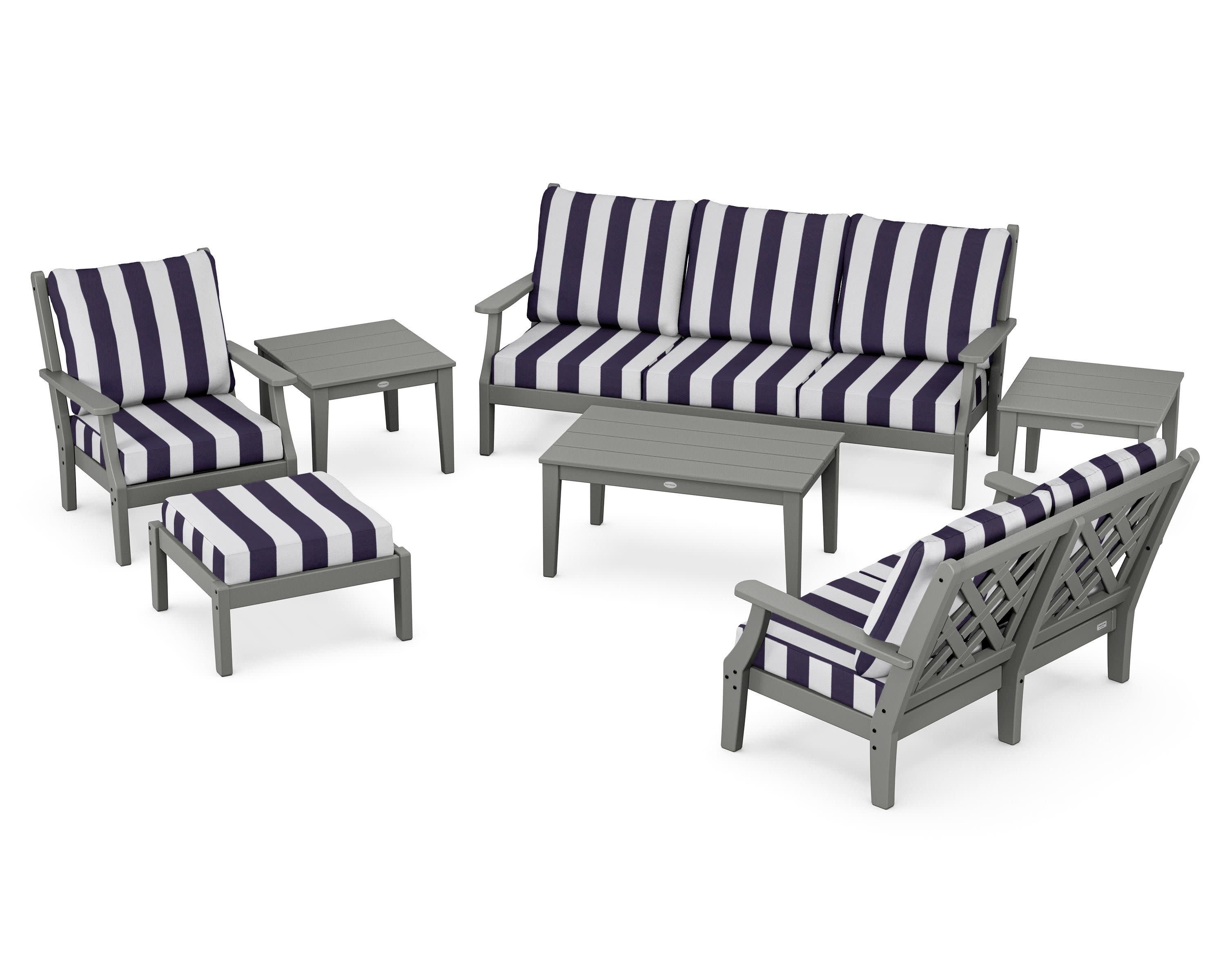 Wovendale 7-Piece Deep Seating Set in Slate Grey / Cabana Stripe Navy