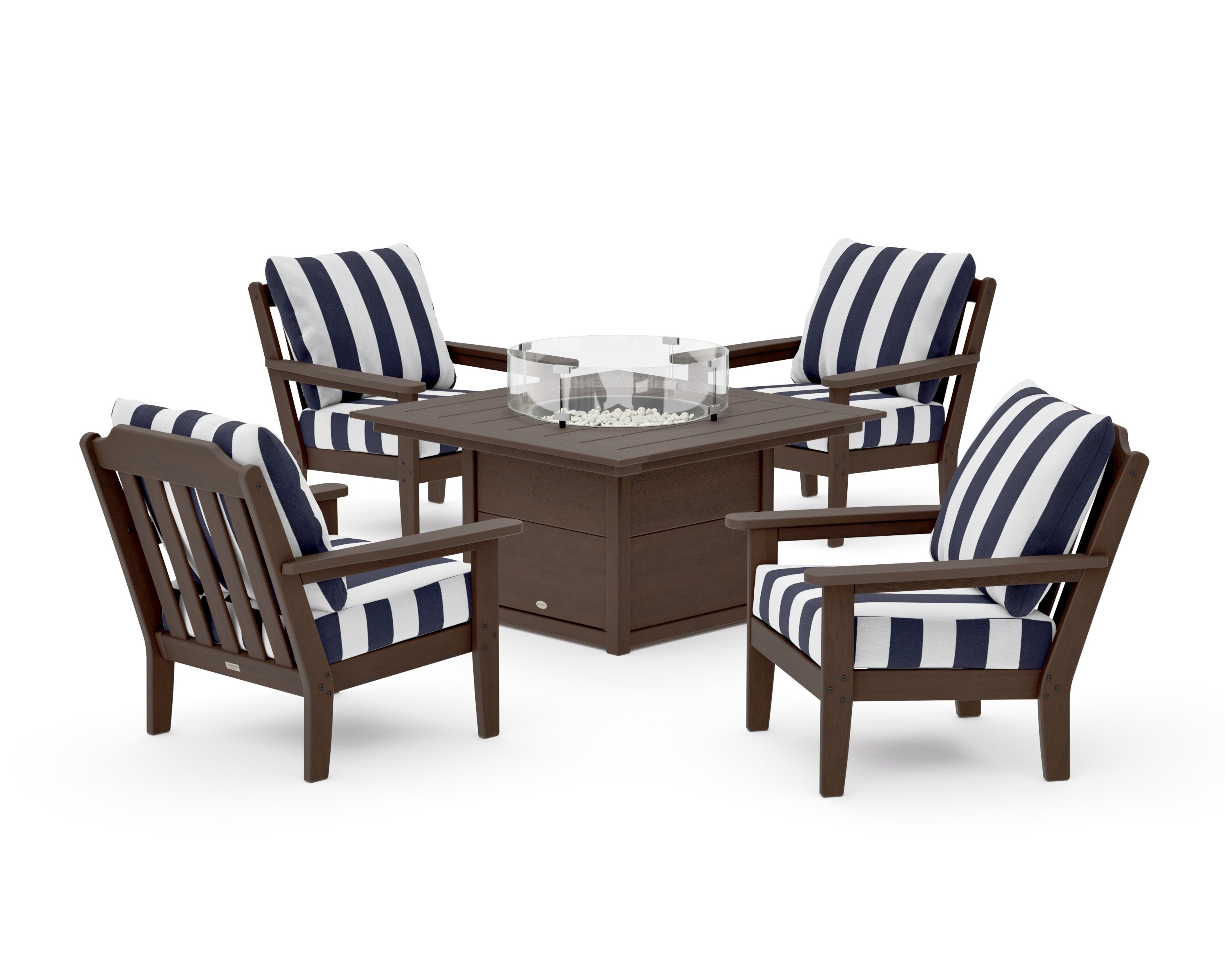 Cottage 5-Piece Deep Seating Set with Fire Pit Table in Kona / Cabana Stripe Navy