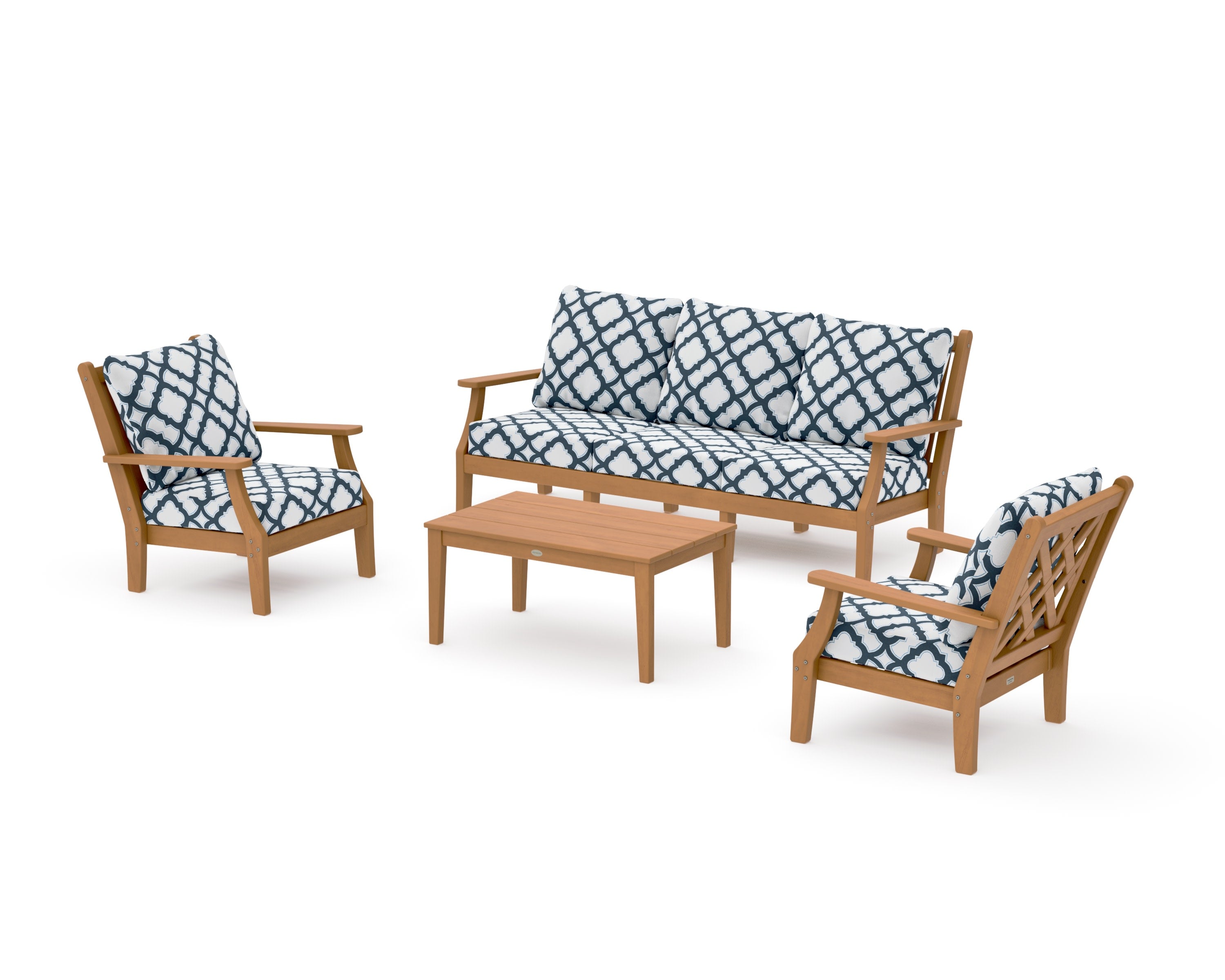 Wovendale 4-Piece Deep Seating Set with Sofa in Natural / Trellis Marine Indigo