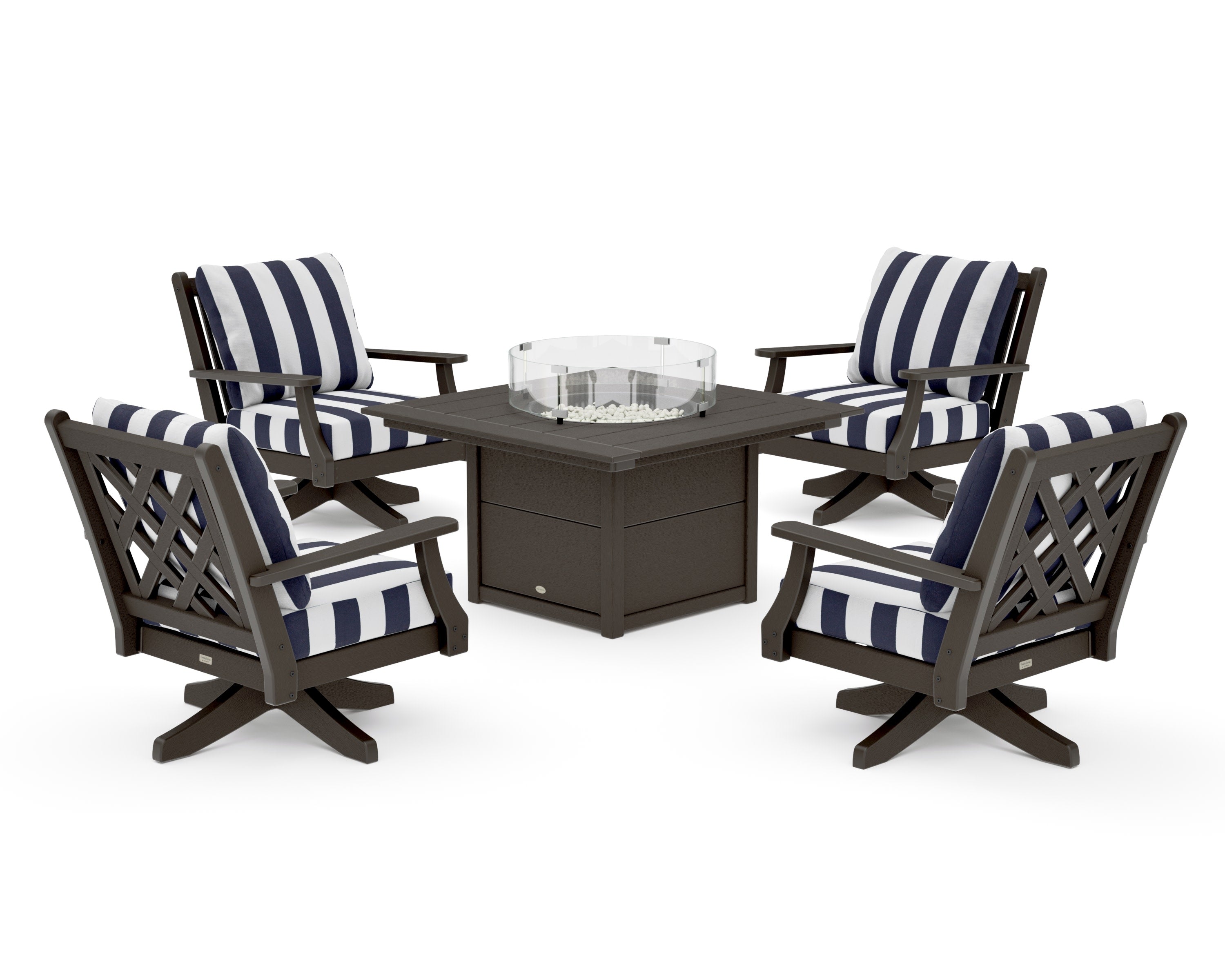 Wovendale 5-Piece Deep Seating Swivel Conversation Set with Fire Pit Table in Vintage Coffee / Cabana Stripe Navy