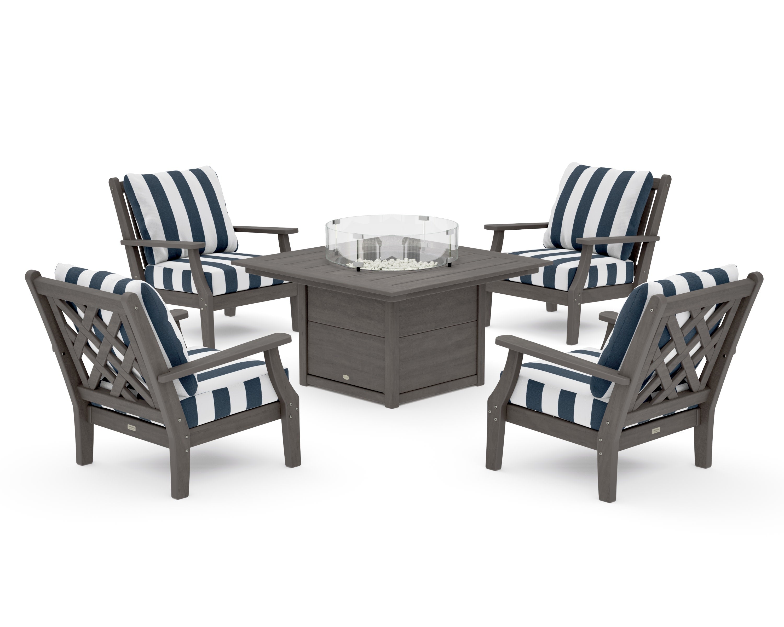 Wovendale 5-Piece Deep Seating Set with Fire Pit Table in Driftwood / Cabana Stripe Marine Indigo