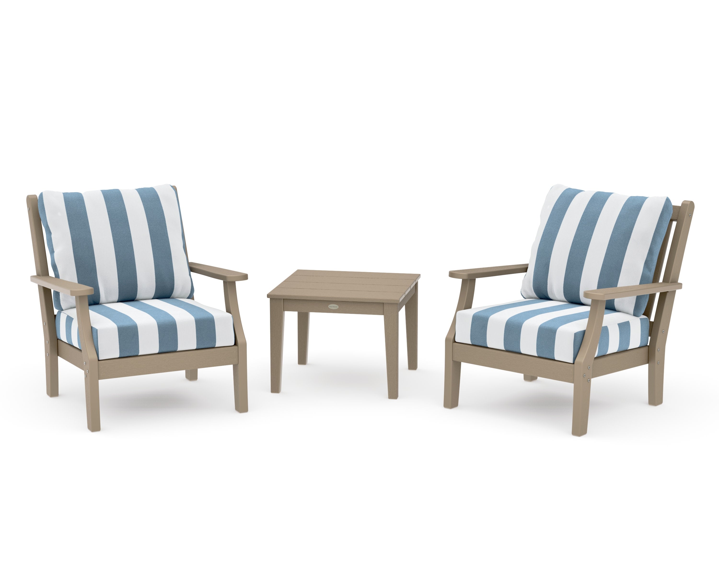 Wovendale 3-Piece Deep Seating Set in Vintage Sahara / Cabana Stripe Sky Blue