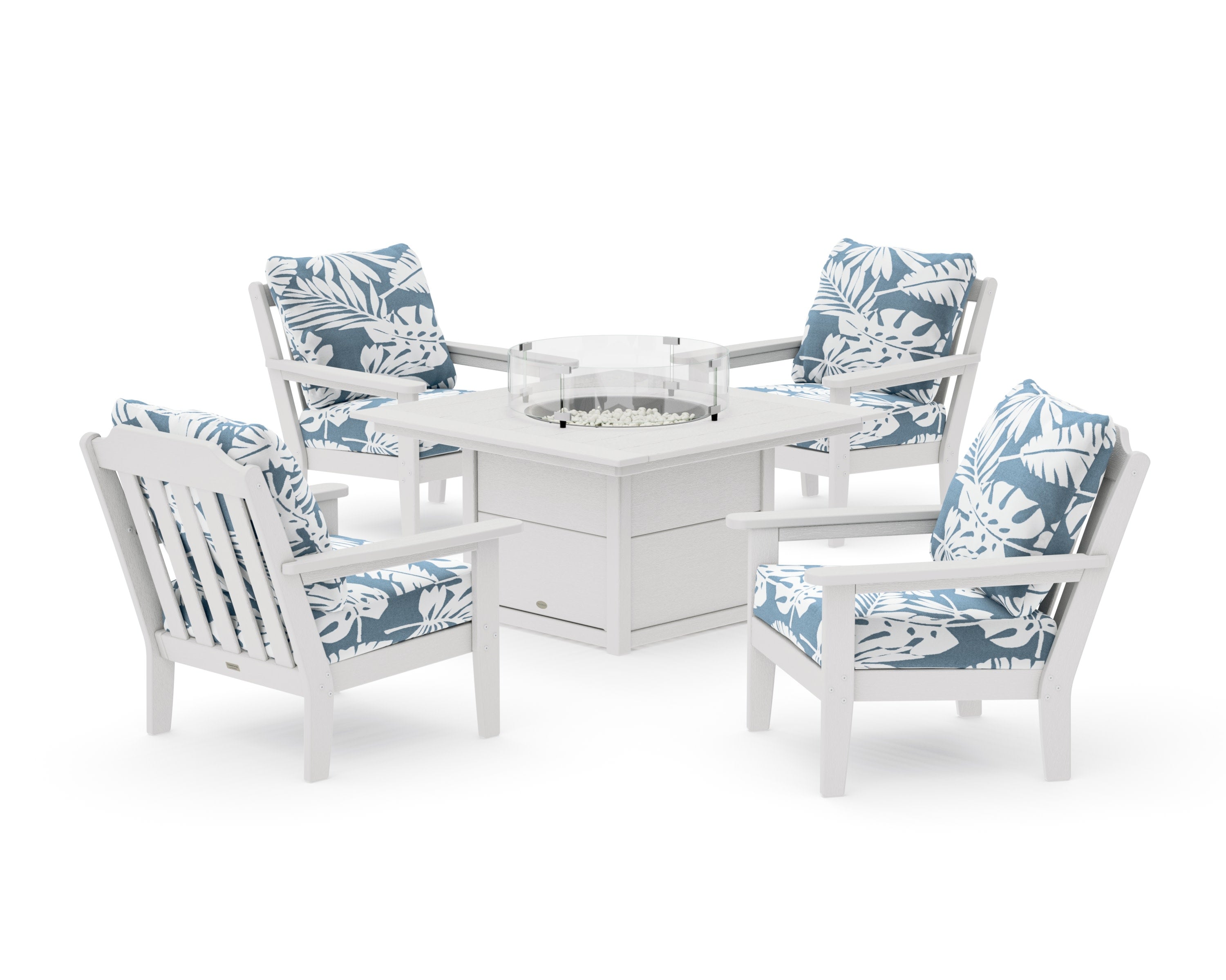 Cottage 5-Piece Deep Seating Set with Fire Pit Table in Vintage White / Leaf Sky Blue
