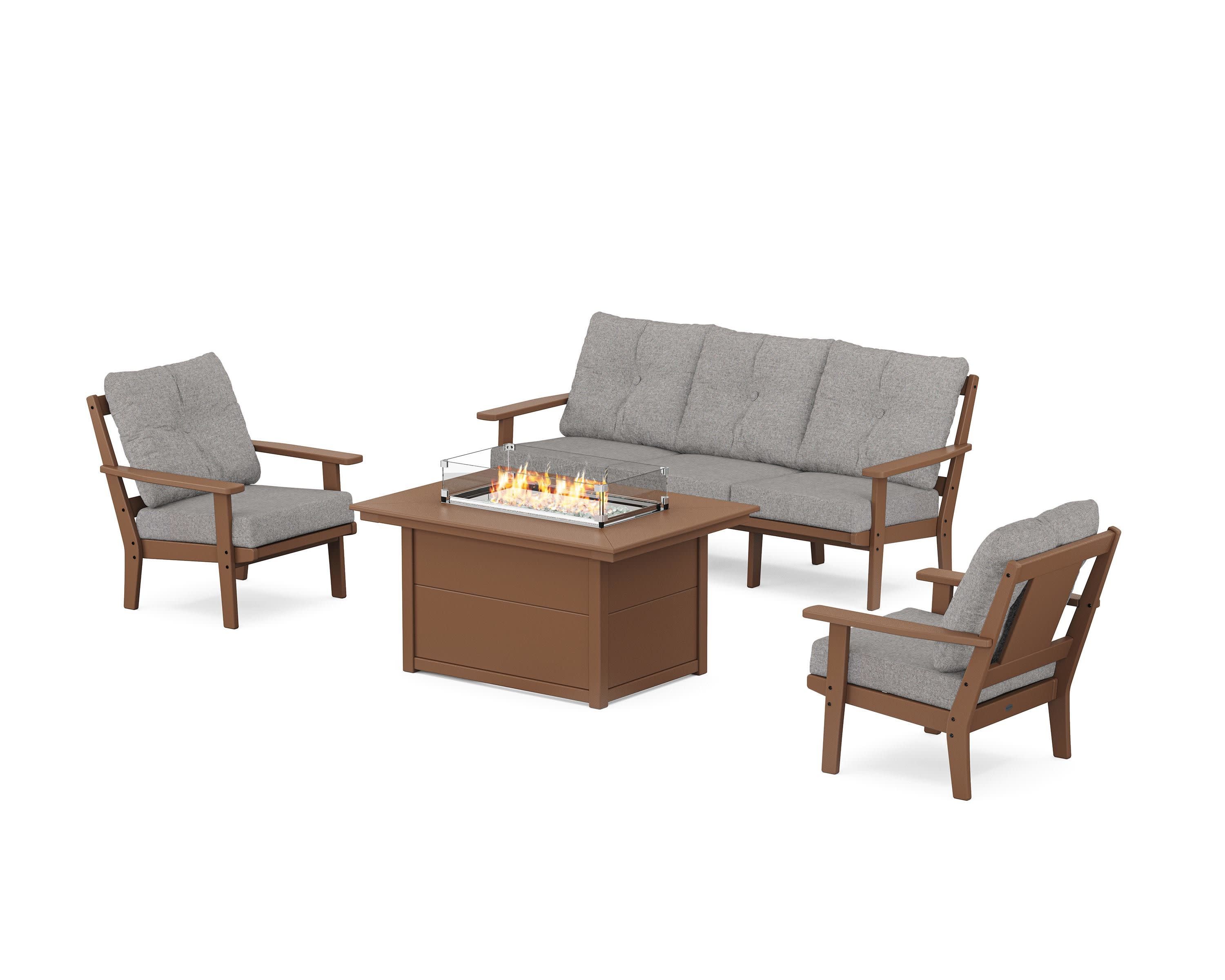 Prairie Deep Seating Fire Pit Table Set in Teak / Grey Mist