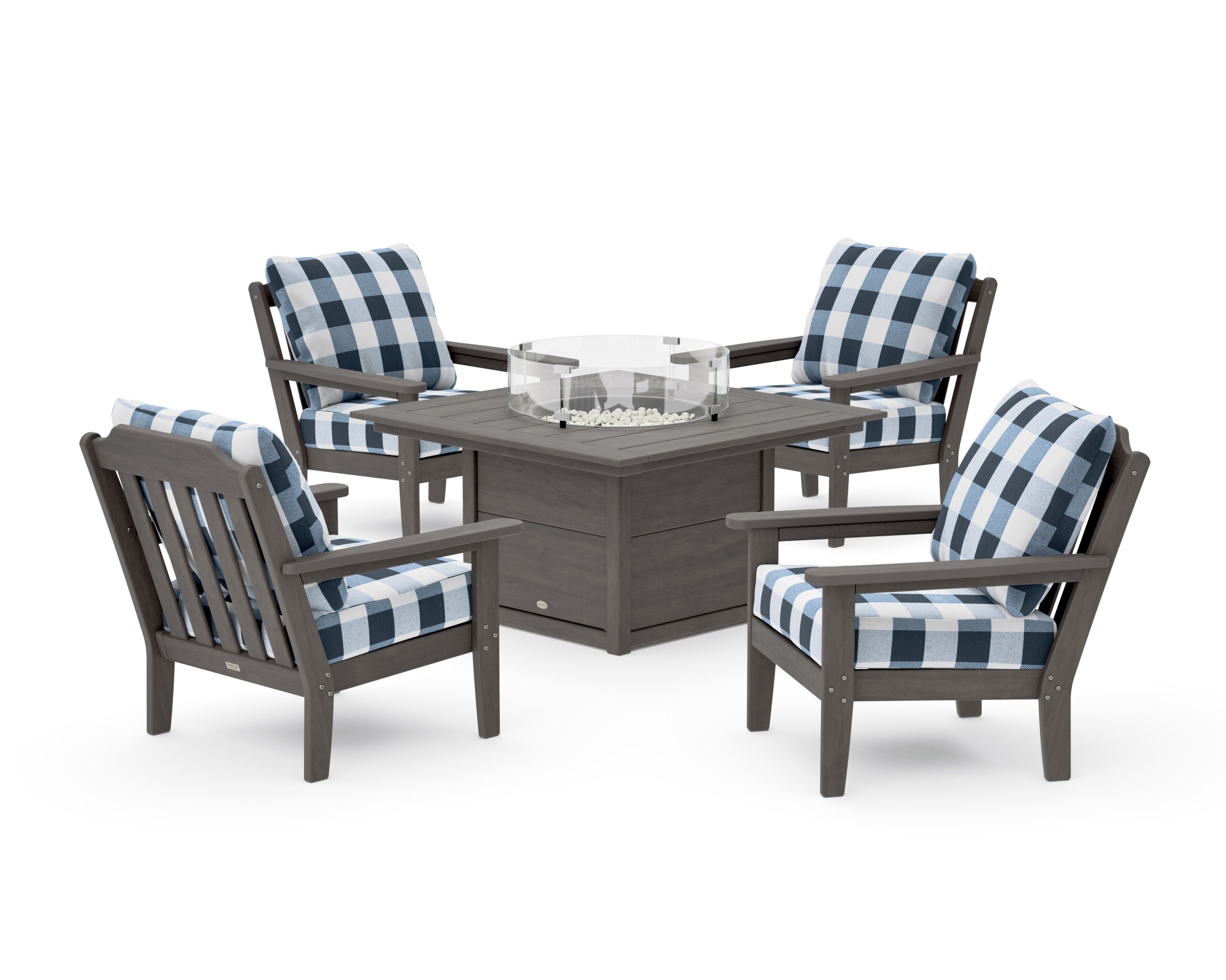 Cottage 5-Piece Deep Seating Set with Fire Pit Table in Driftwood / Buffalo Plaid Marine Indigo