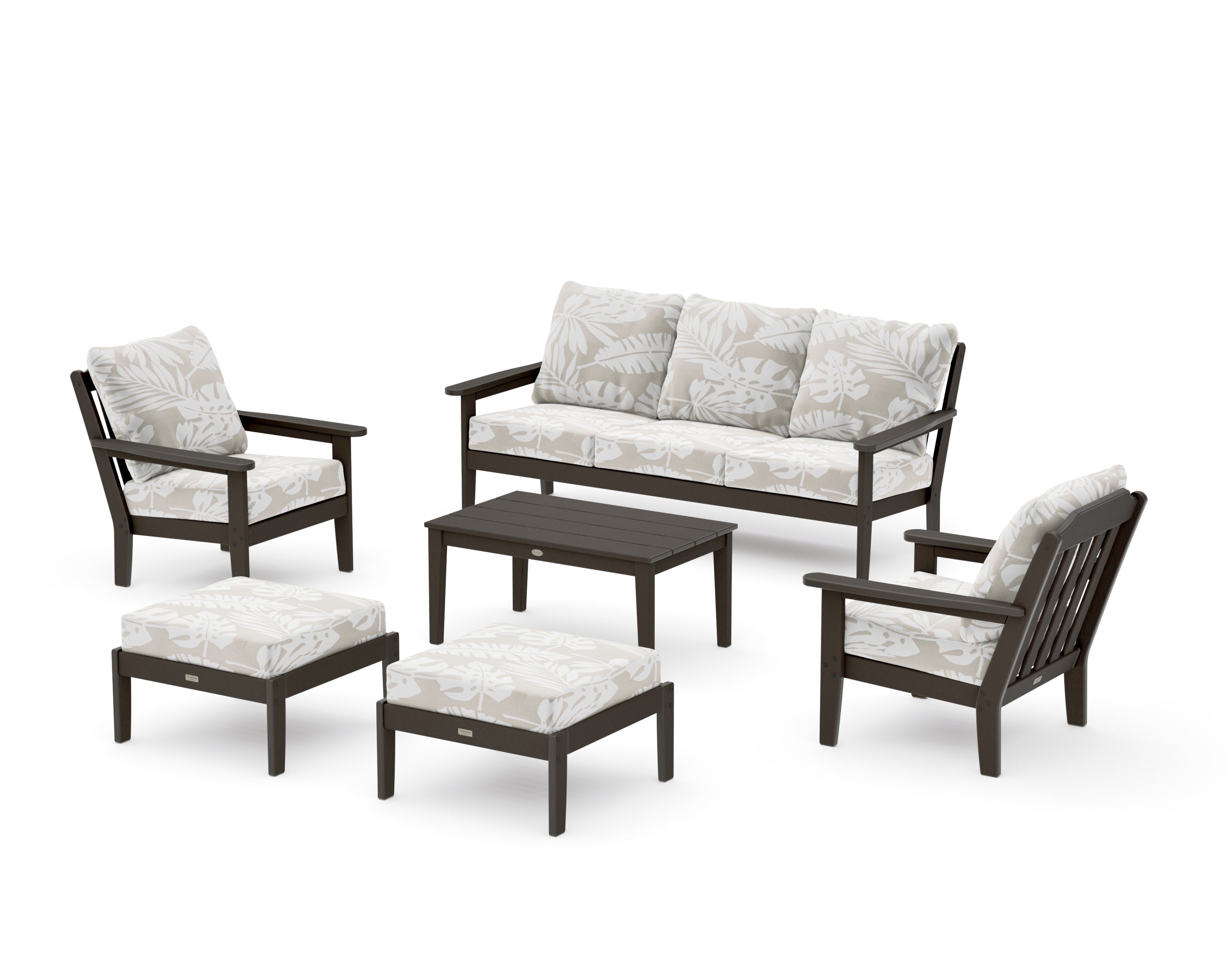 Cottage 6-Piece Lounge Sofa Set in Vintage Coffee / Leaf Dune Burlap