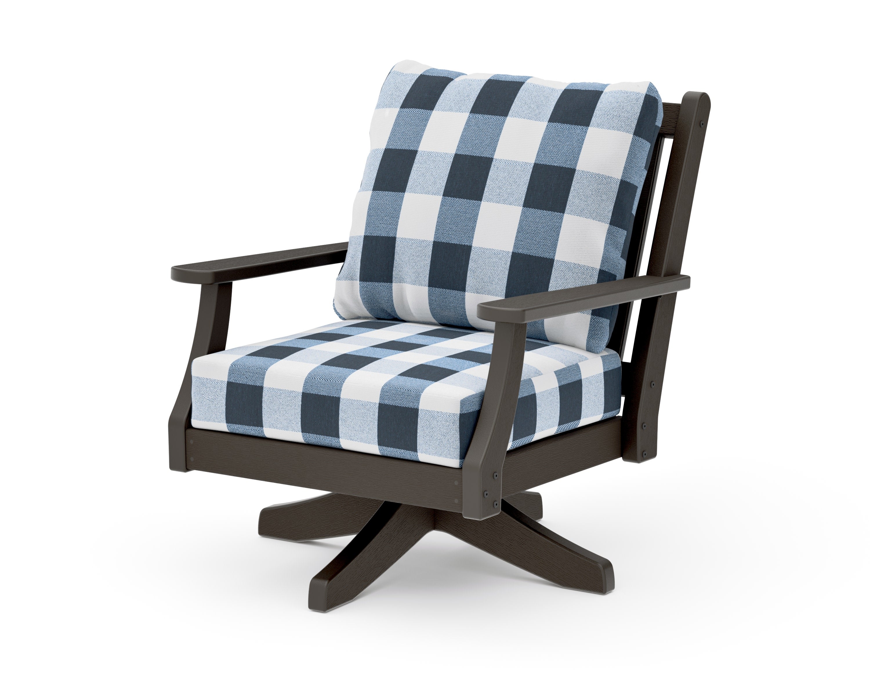 Wovendale Deep Seating Swivel Chair in Vintage Coffee / Buffalo Plaid Marine Indigo