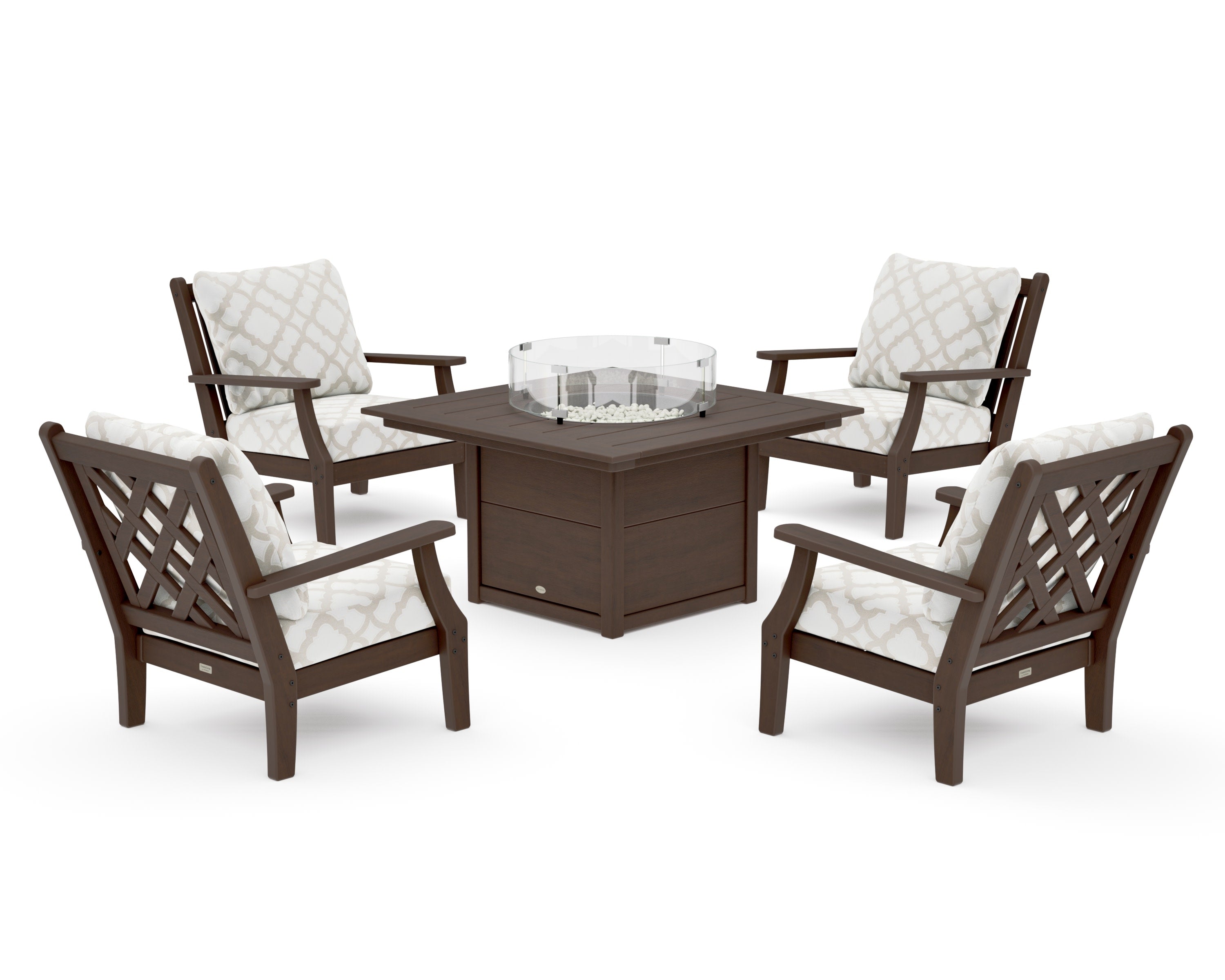 Wovendale 5-Piece Deep Seating Set with Fire Pit Table in Kona / Trellis Dune Burlap