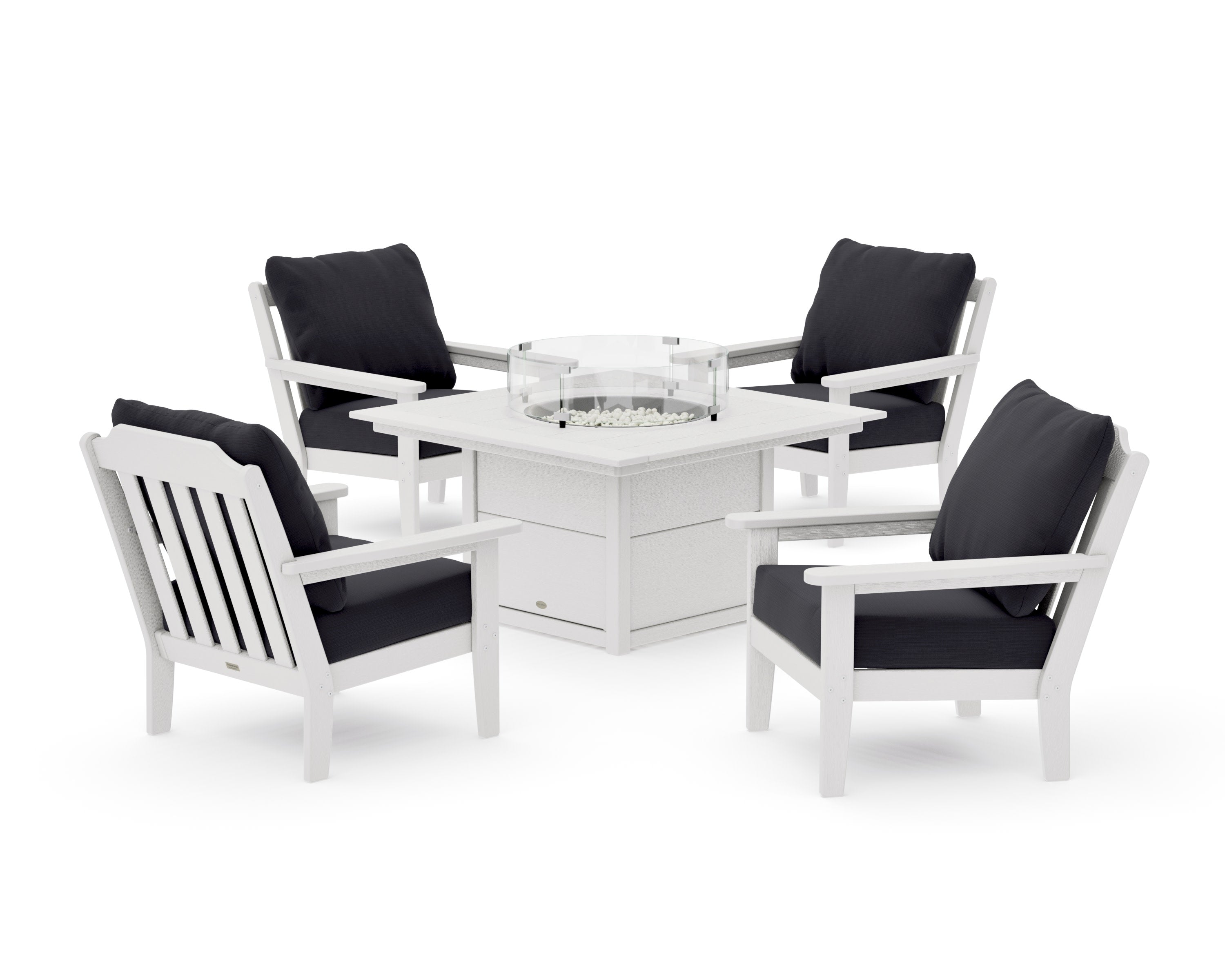 Cottage 5-Piece Deep Seating Set with Fire Pit Table in Vintage White / Midnight Linen
