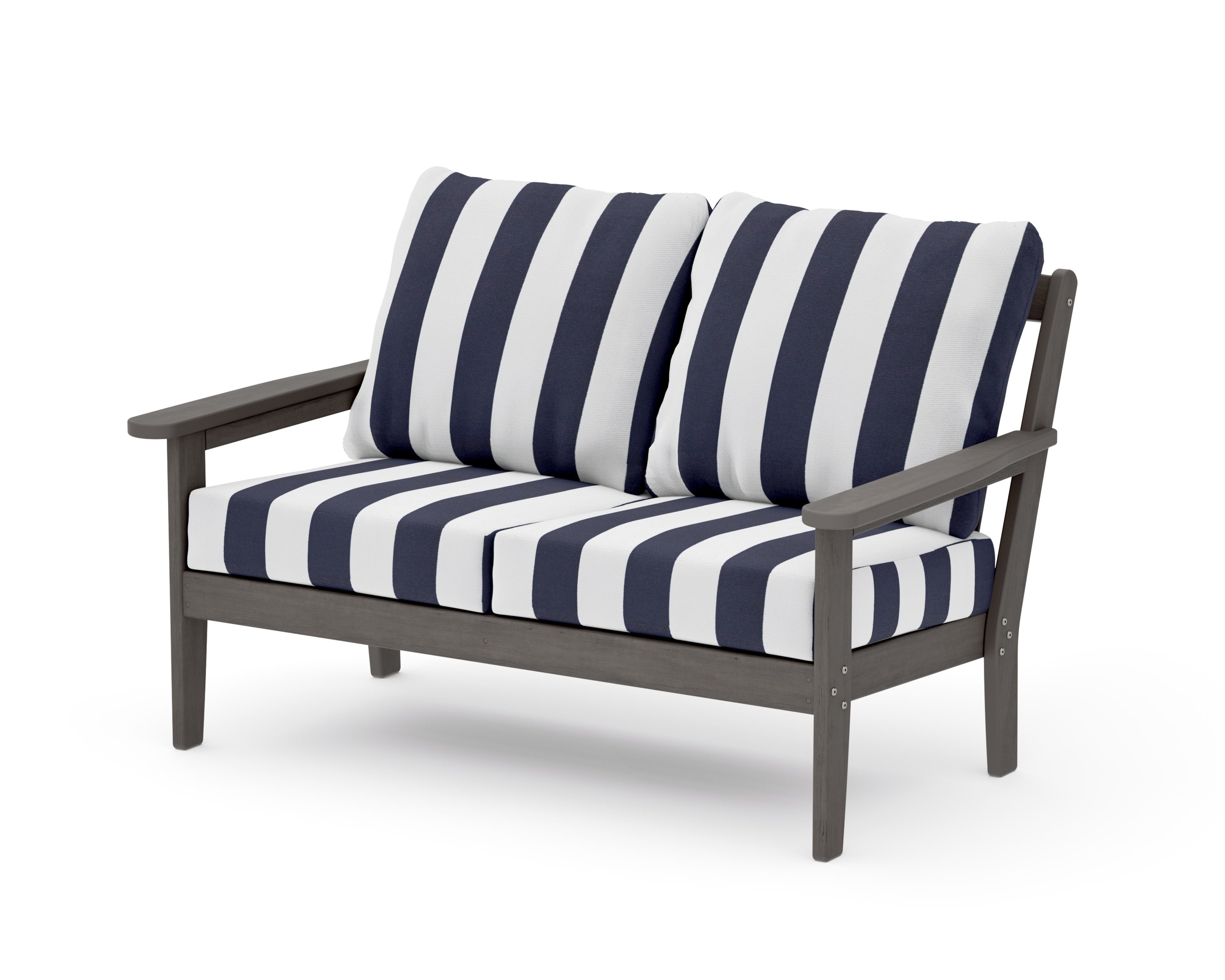 Cottage Deep Seating Loveseat in Driftwood / Cabana Stripe Navy