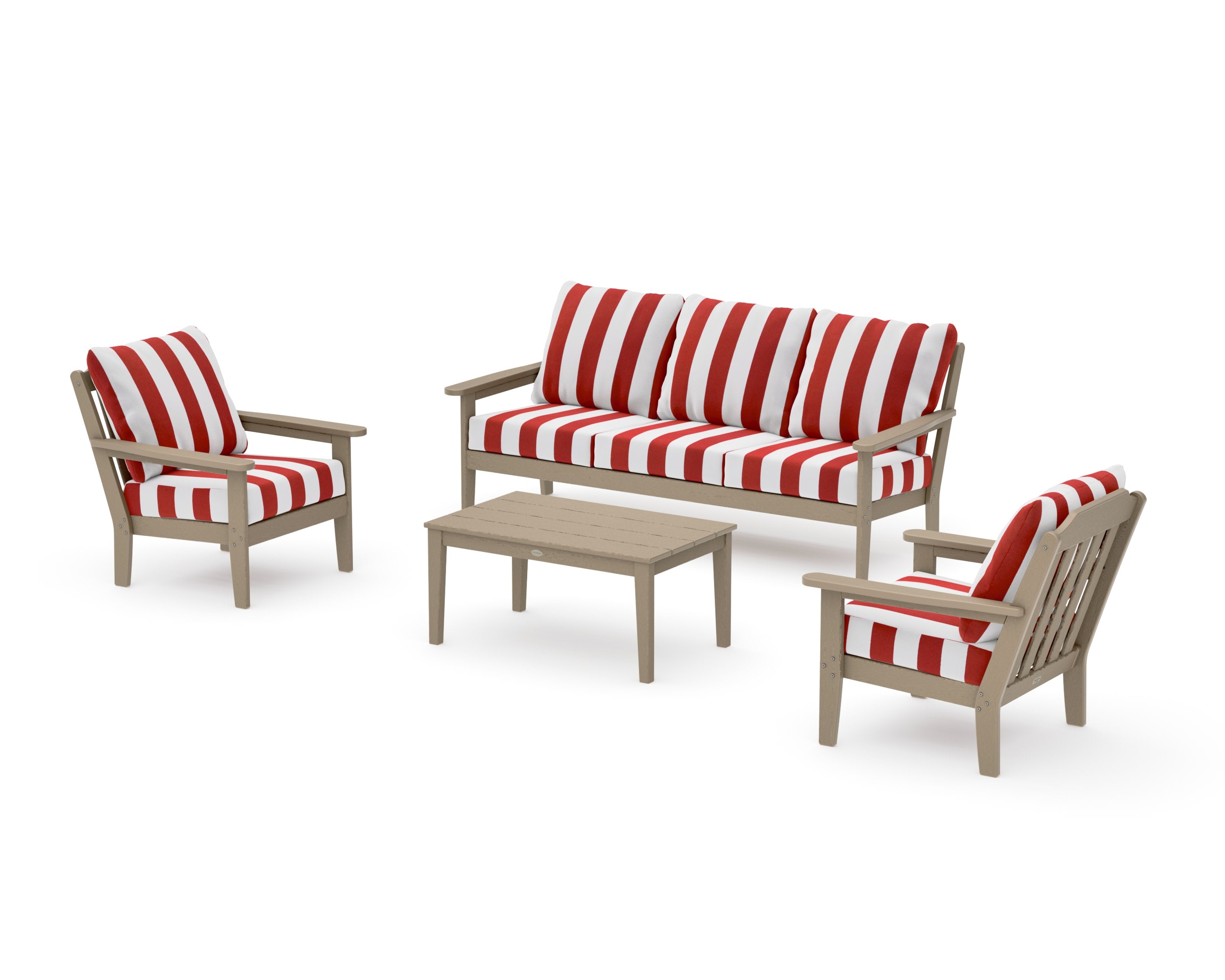 Cottage 4-Piece Deep Seating Set with Sofa in Vintage Sahara / Cabana Stripe Crimson