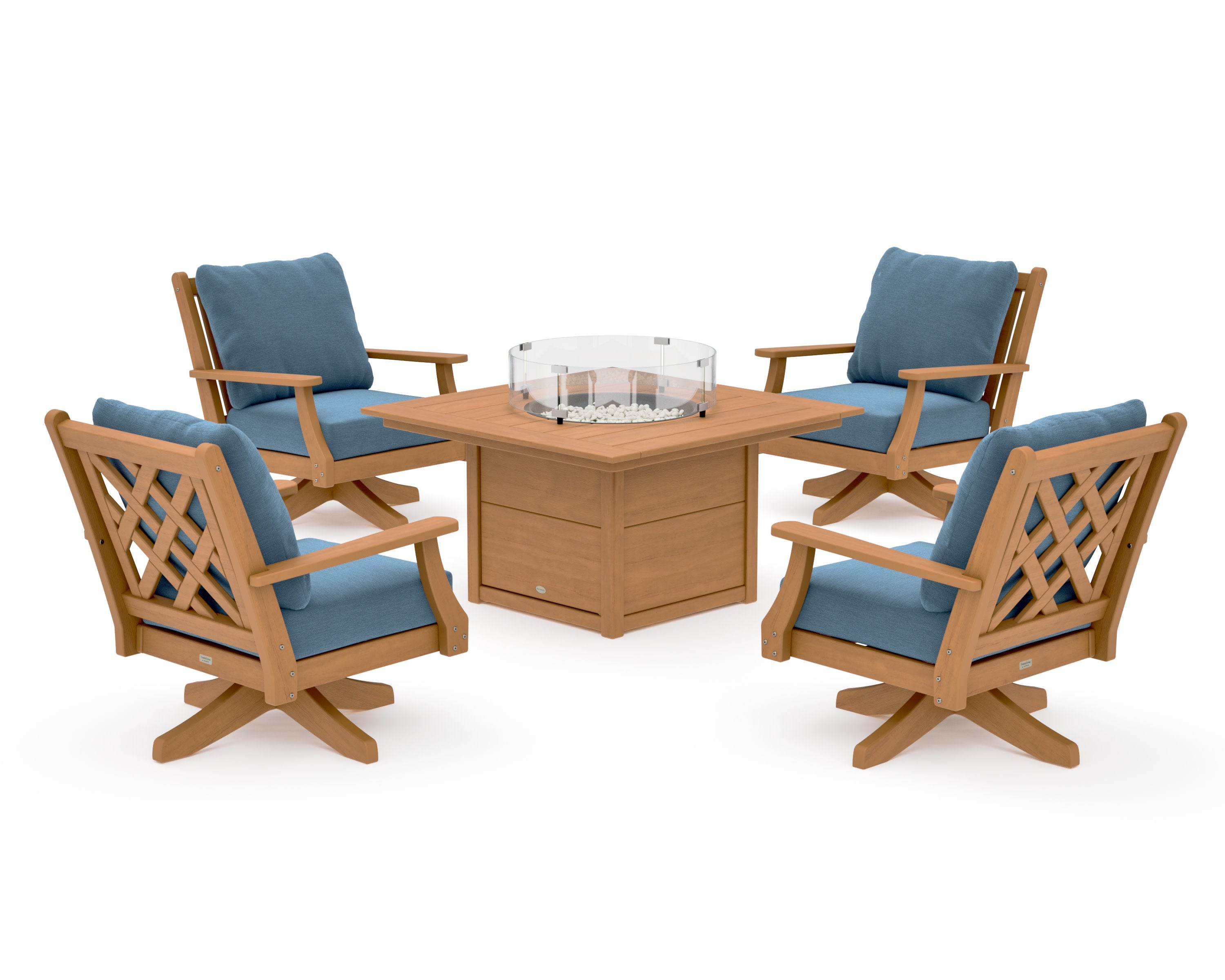 Wovendale 5-Piece Deep Seating Swivel Conversation Set with Fire Pit Table in Natural / Sky Blue