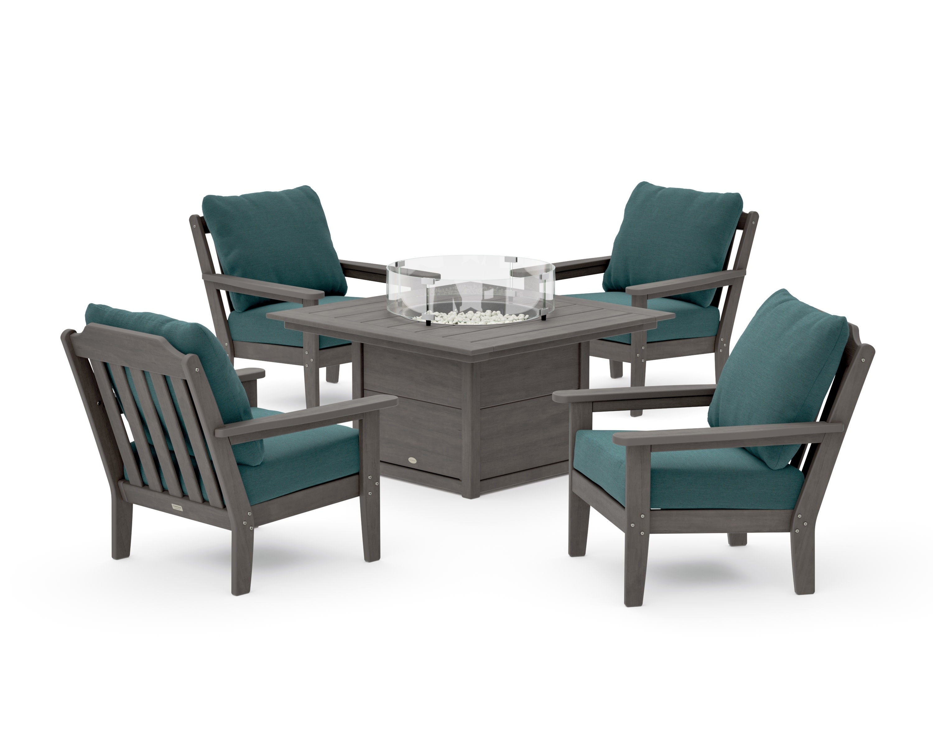 Cottage 5-Piece Deep Seating Set with Fire Pit Table in Driftwood / Ocean Teal