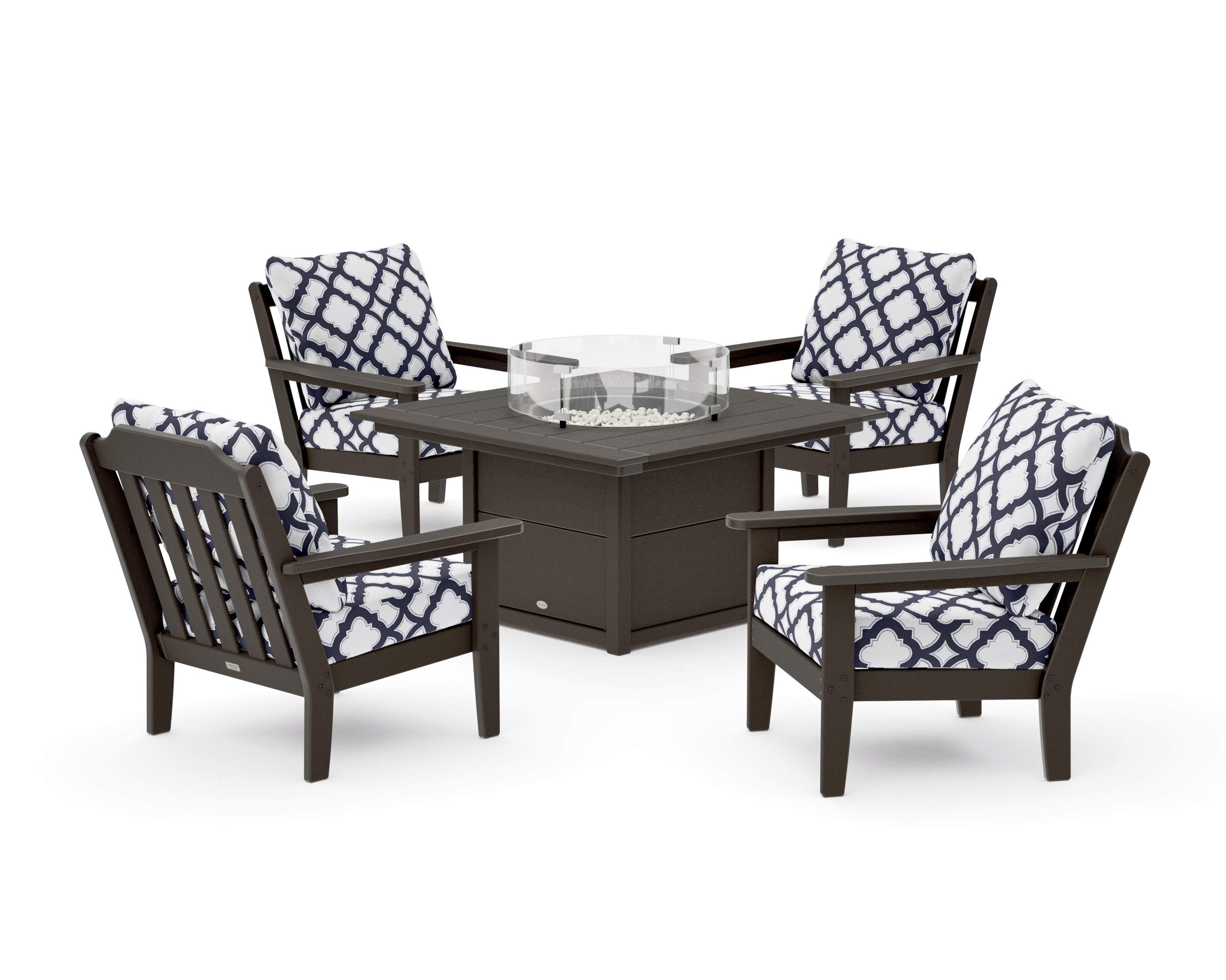 Cottage 5-Piece Deep Seating Set with Fire Pit Table in Vintage Coffee / Trellis Navy