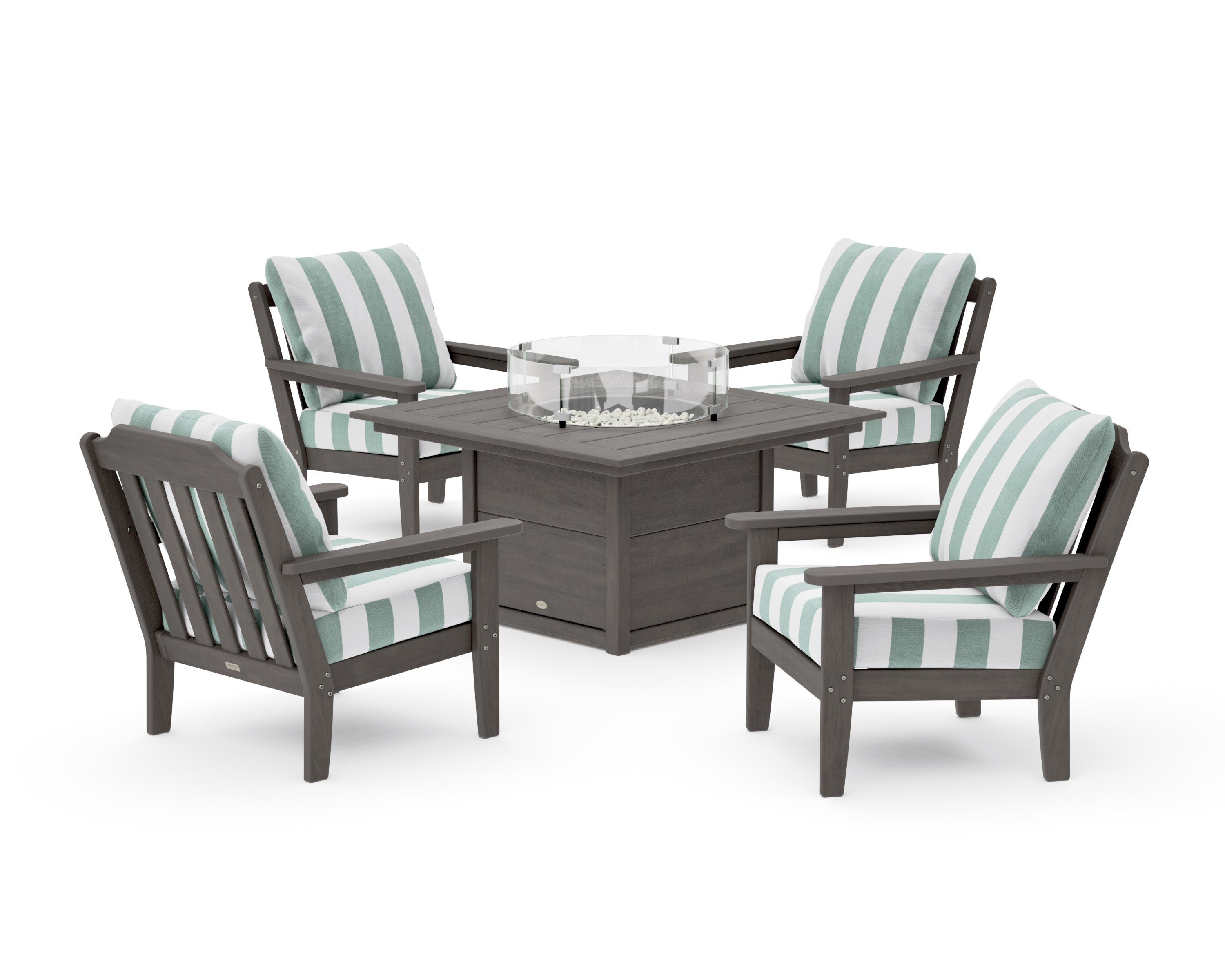 Cottage 5-Piece Deep Seating Set with Fire Pit Table in Driftwood / Cabana Stripe Glacier Spa