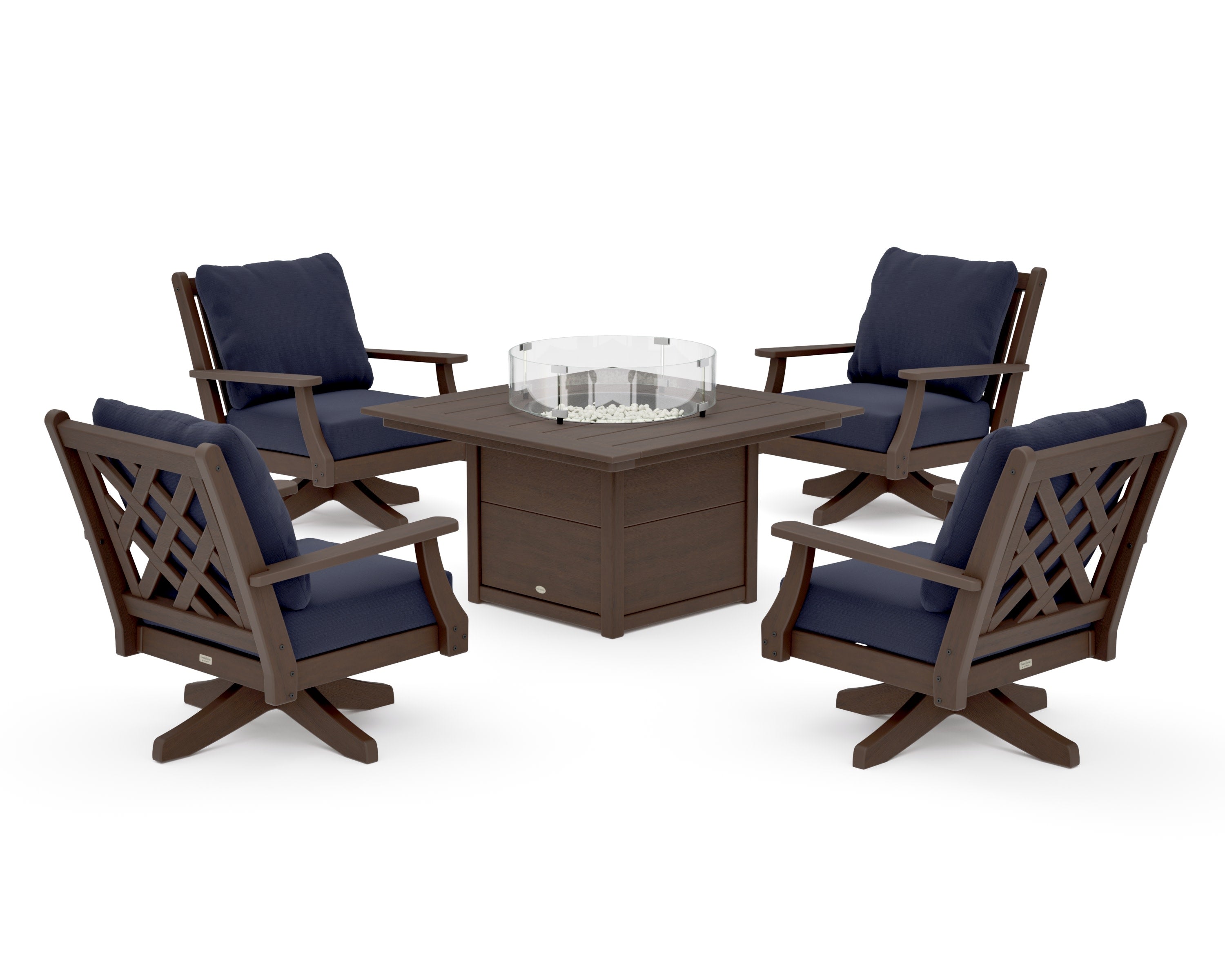 Wovendale 5-Piece Deep Seating Swivel Conversation Set with Fire Pit Table in Kona / Navy Linen