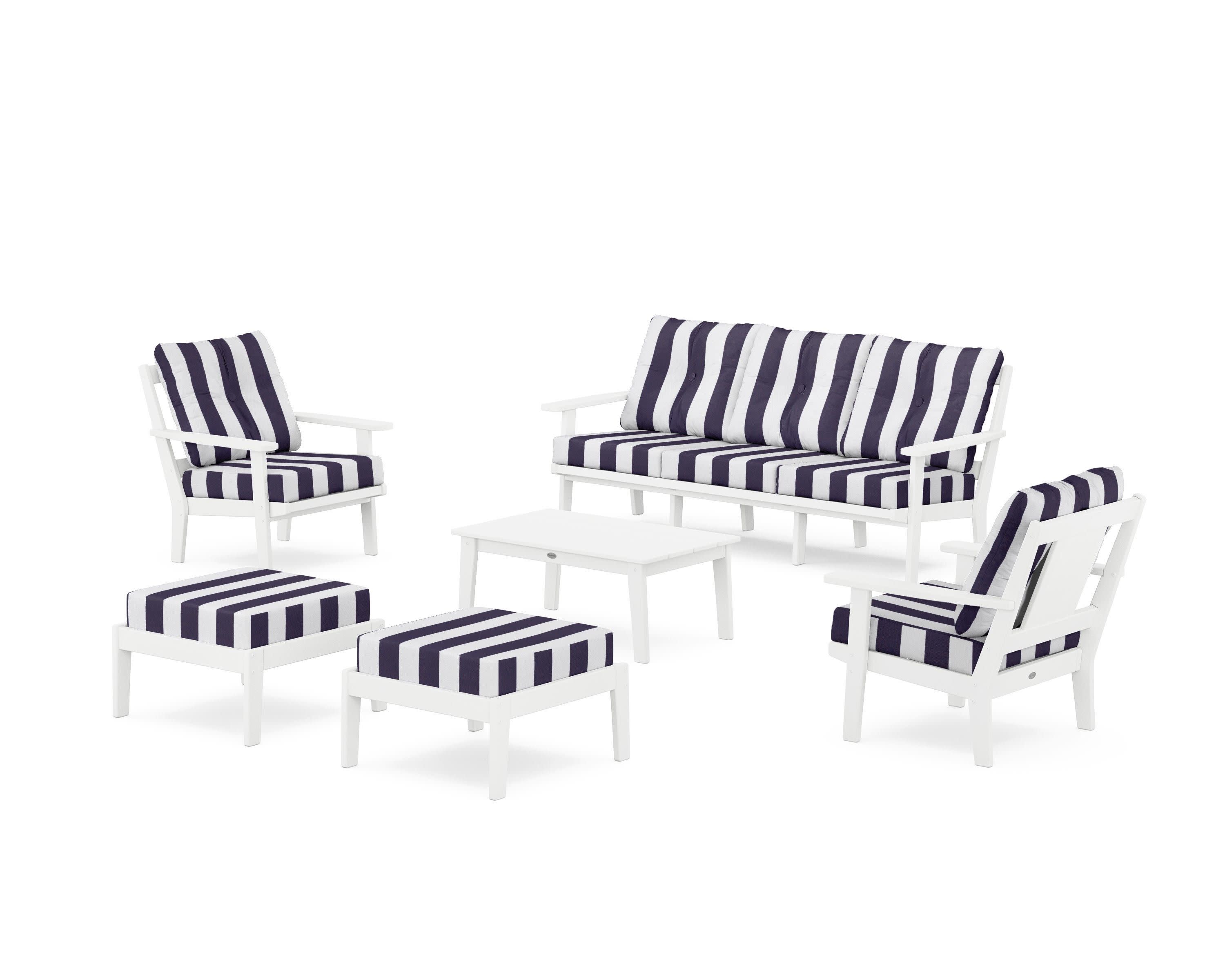 Prairie 6-Piece Lounge Sofa Set in White / Cabana Stripe Navy