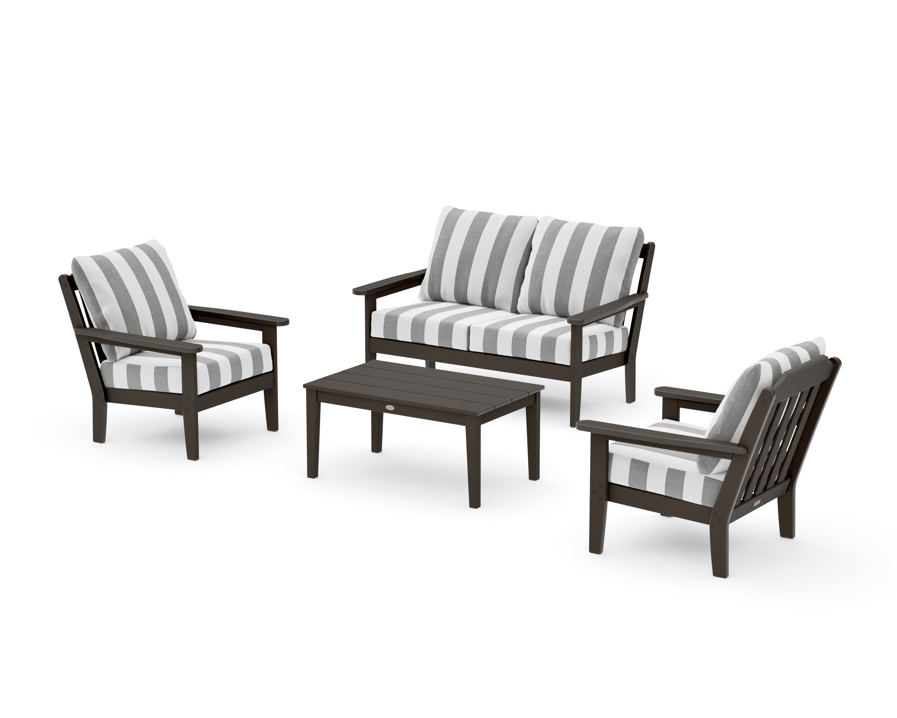 Cottage 4-Piece Deep Seating Set with Loveseat in Vintage Coffee / Cabana Stripe Grey Mist