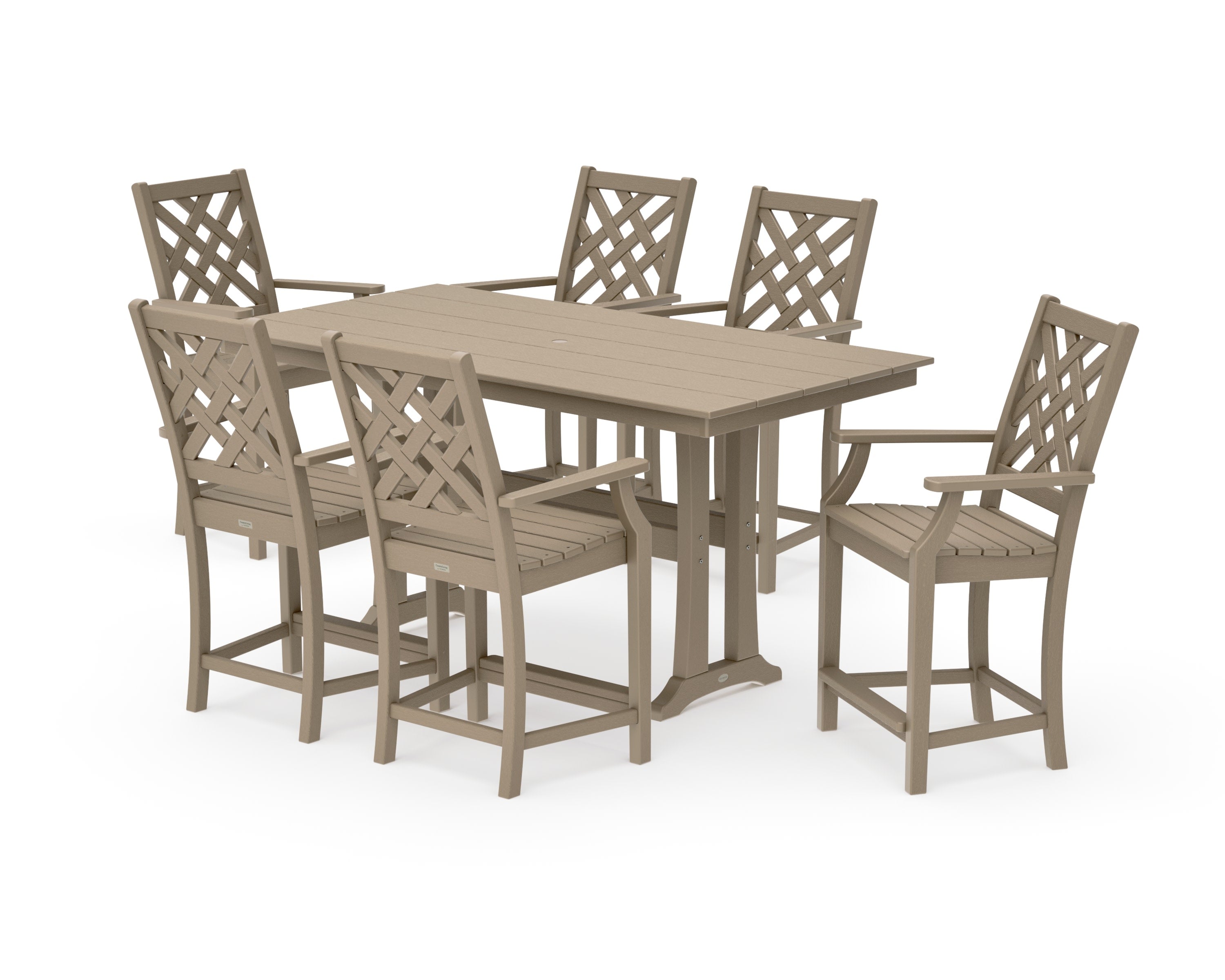 Wovendale Arm Chair 7-Piece Farmhouse Counter Set with Trestle Legs in Vintage Sahara