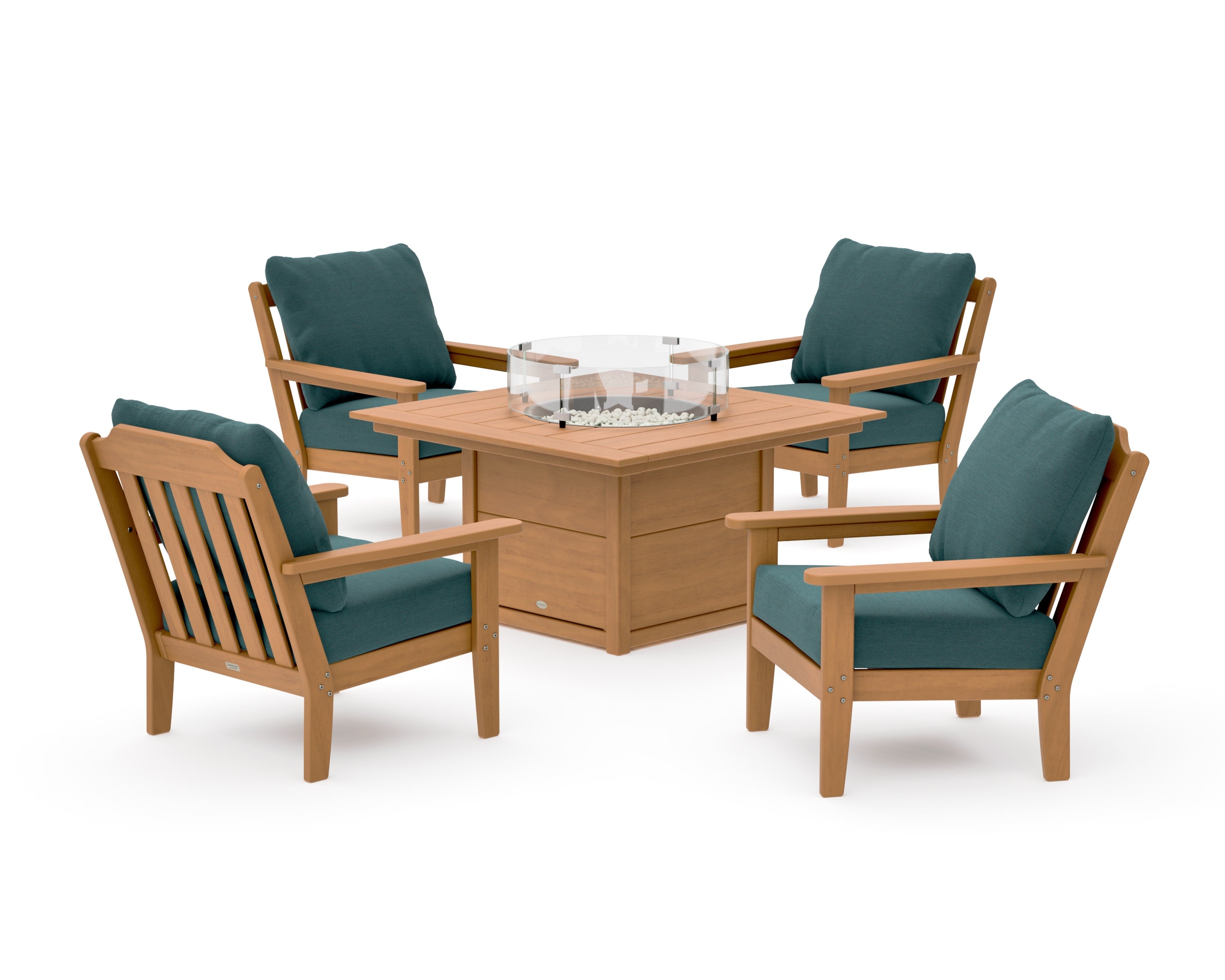 Cottage 5-Piece Deep Seating Set with Fire Pit Table in Natural / Ocean Teal
