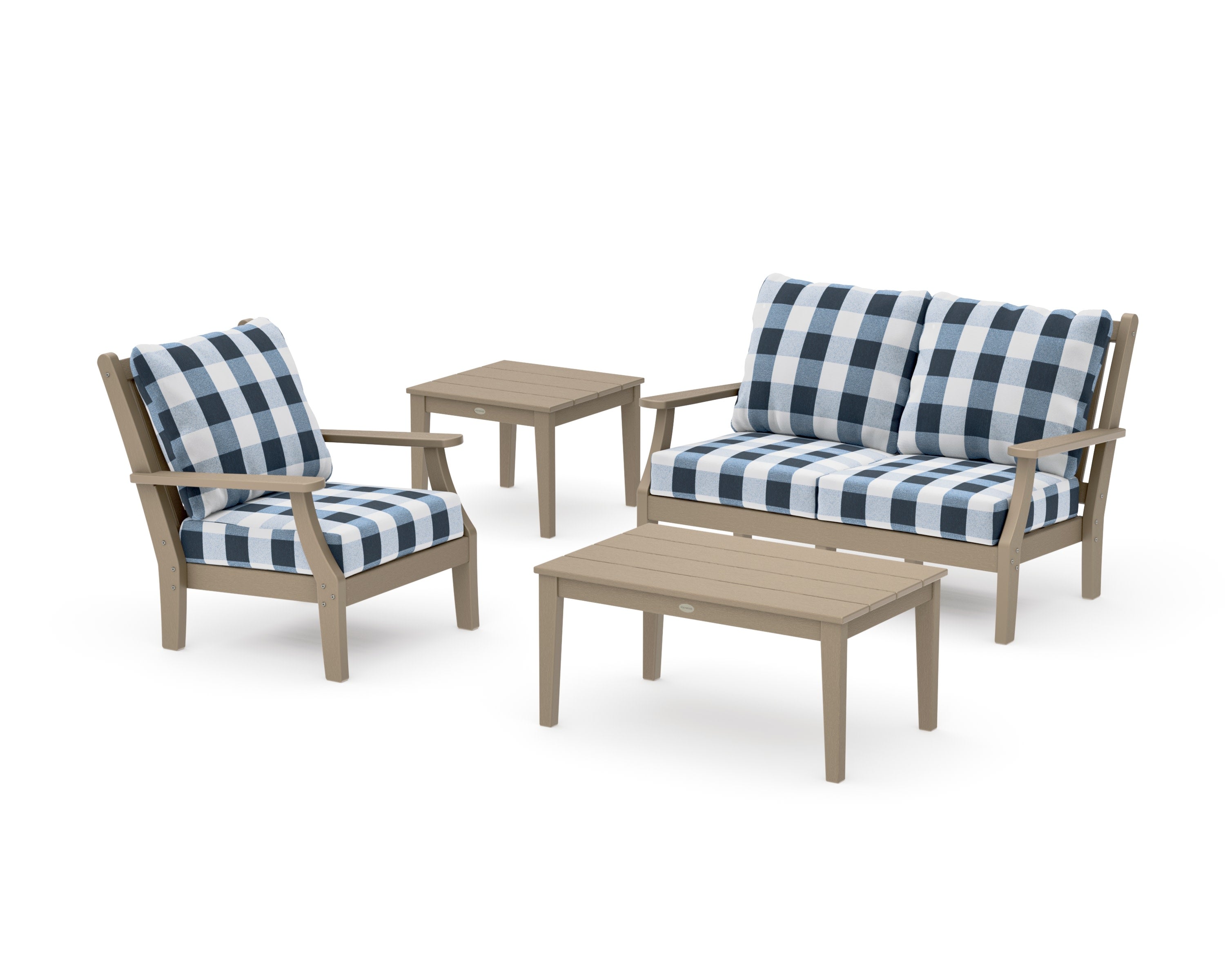 Wovendale 4-Piece Deep Seating Set in Vintage Sahara / Buffalo Plaid Marine Indigo