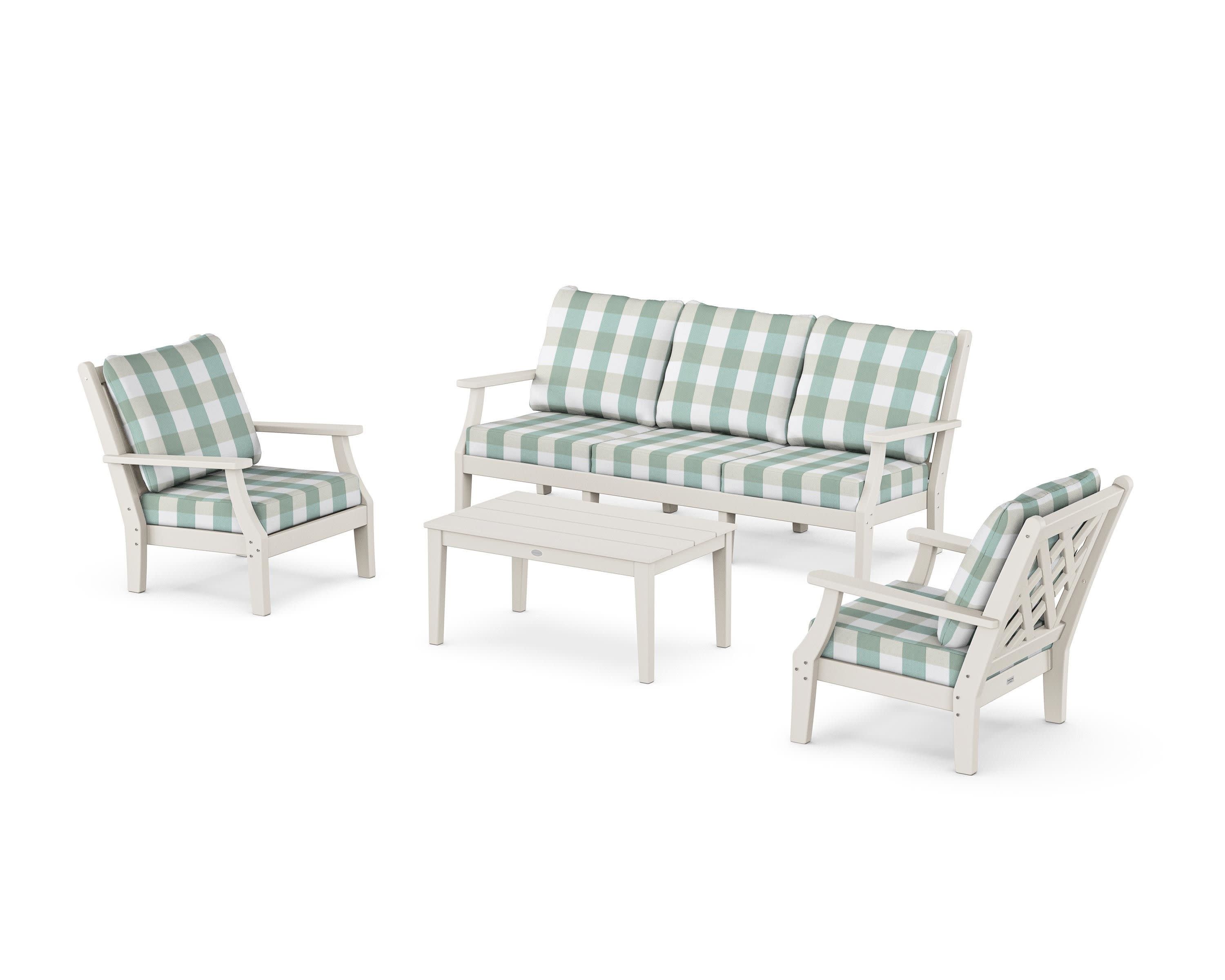 Wovendale 4-Piece Deep Seating Set with Sofa in Sand / Buffalo Plaid Glacier Spa