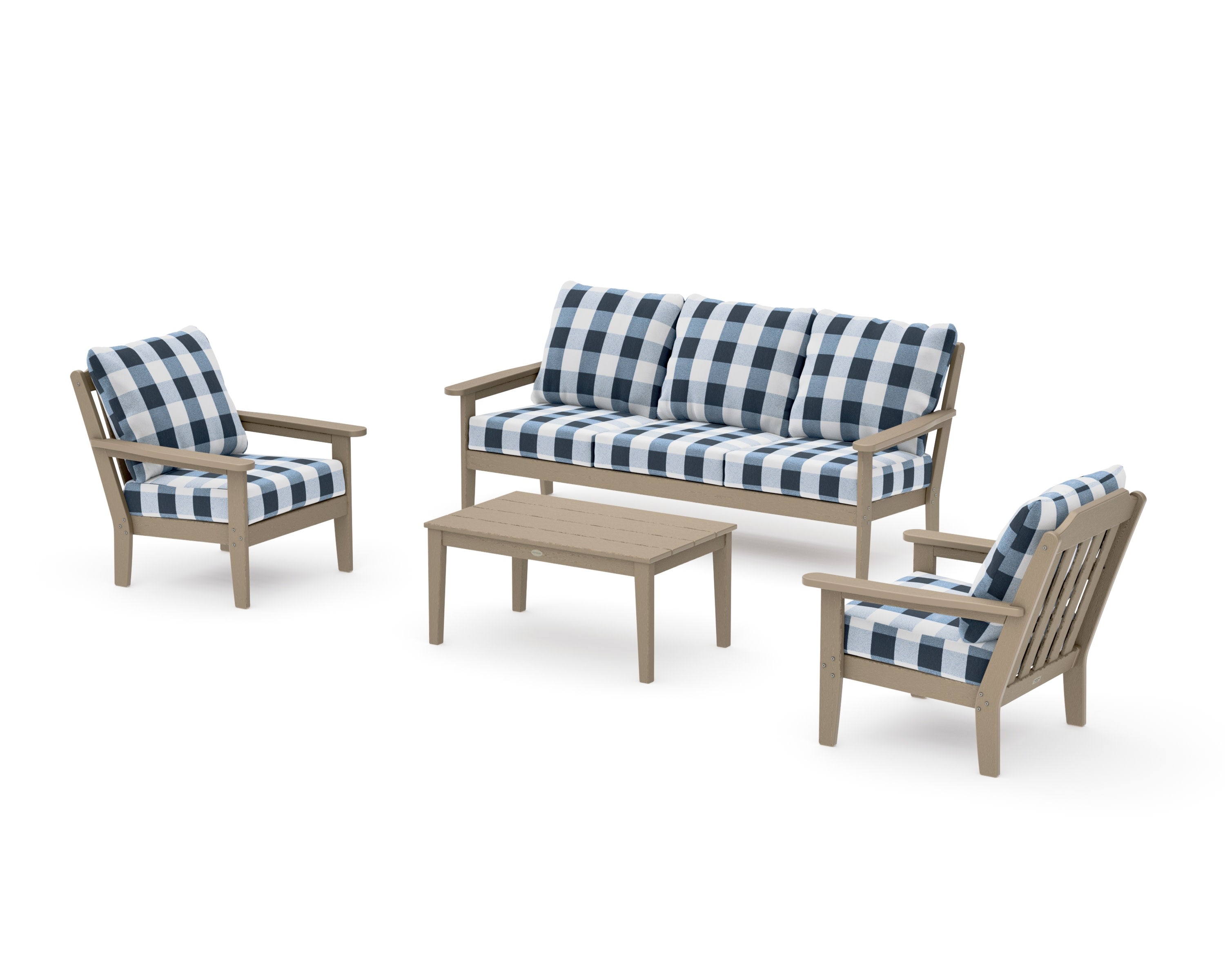 Cottage 4-Piece Deep Seating Set with Sofa in Vintage Sahara / Buffalo Plaid Marine Indigo