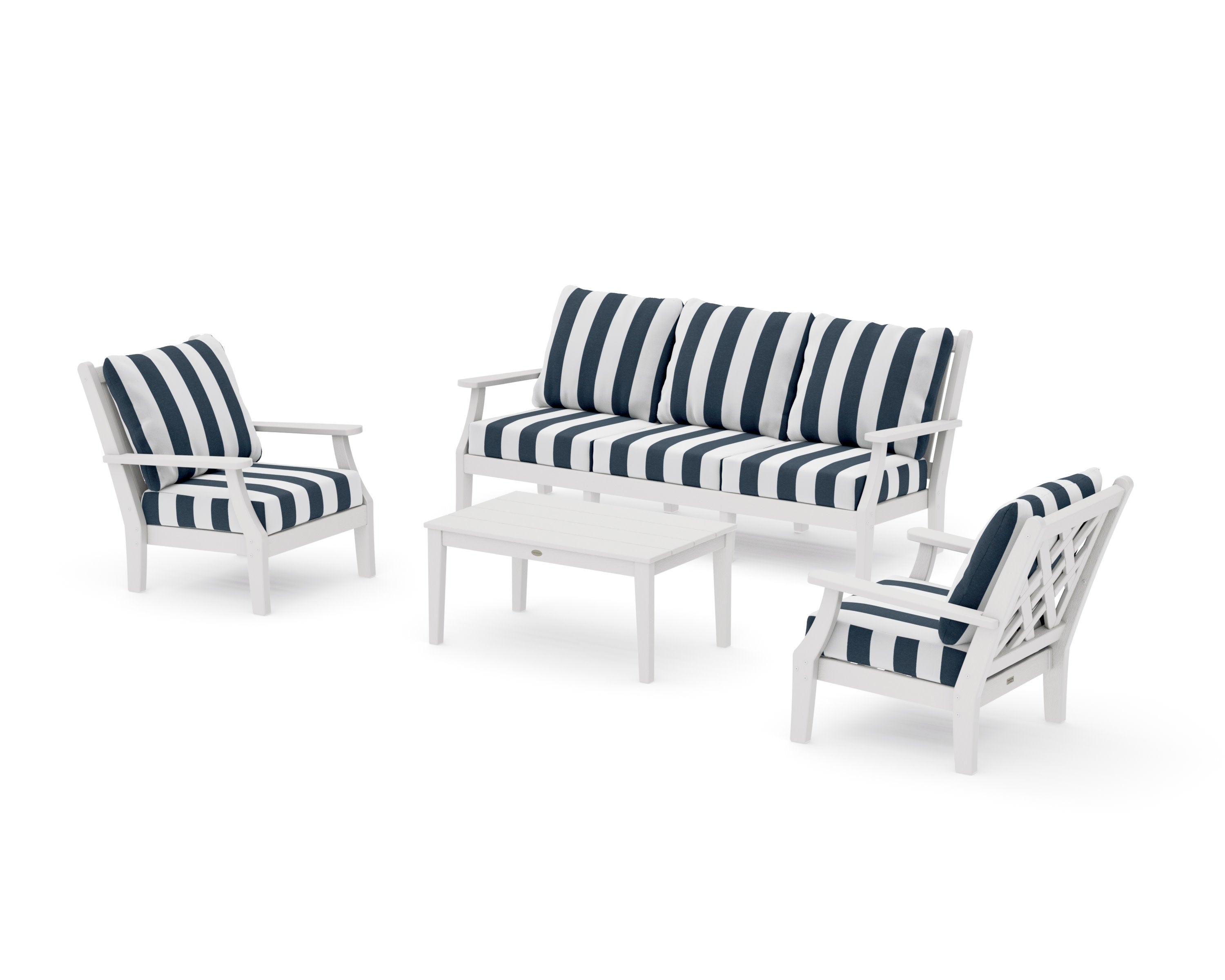 Wovendale 4-Piece Deep Seating Set with Sofa in Vintage White / Cabana Stripe Marine Indigo